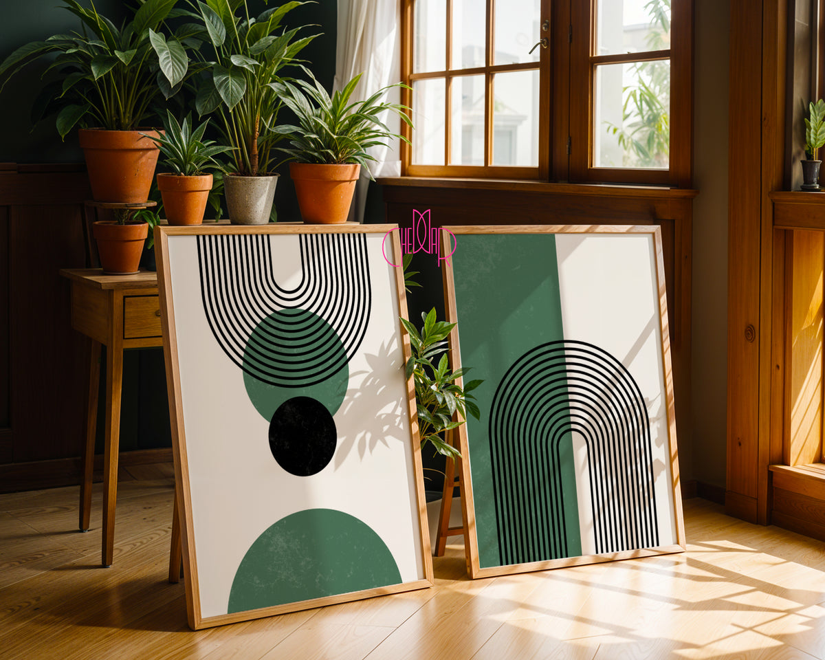 Zestaw Boho Abstract – Green & Black Geometric Arches