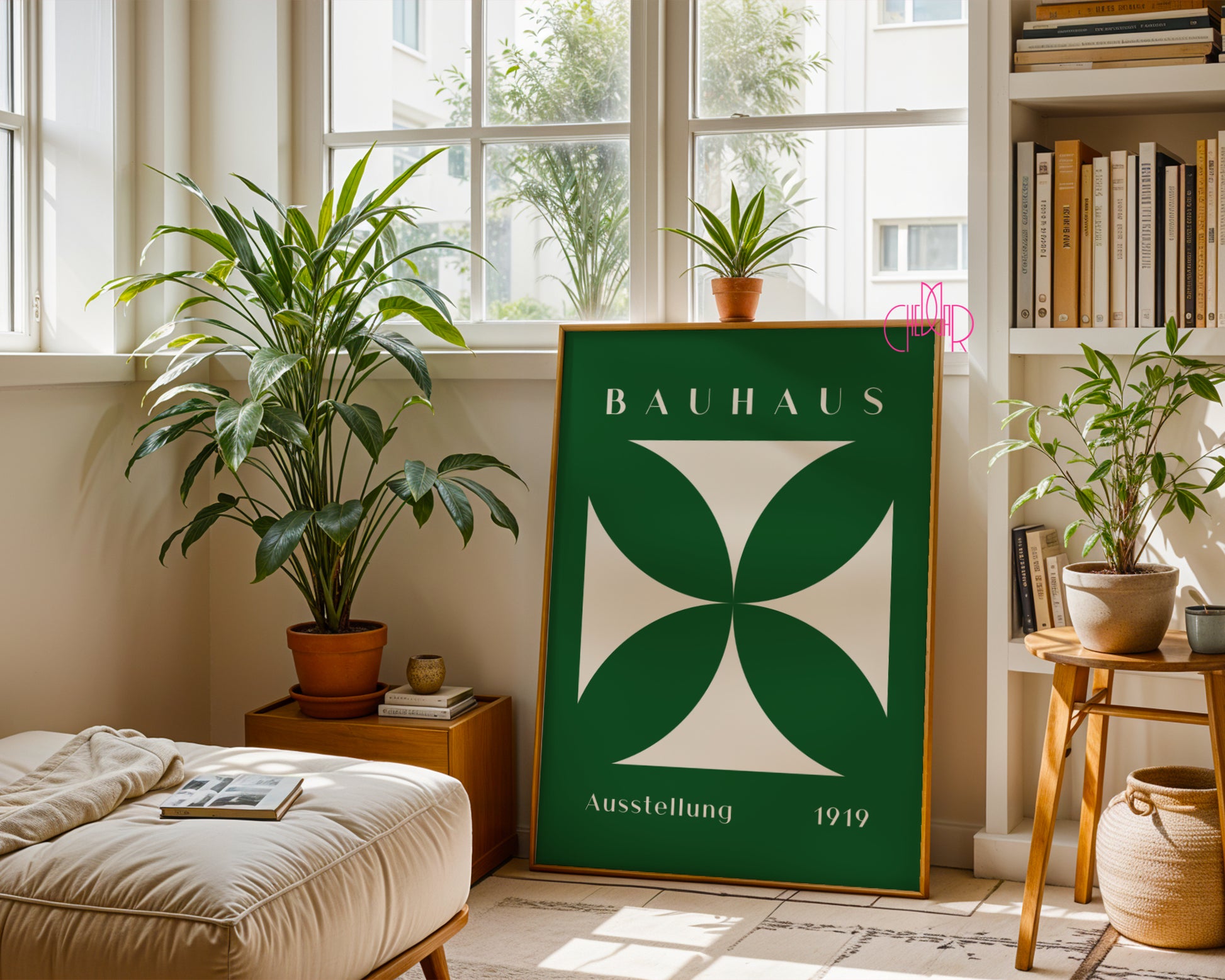Plakat Bauhaus zielony kwiat w beżowym kwadracie