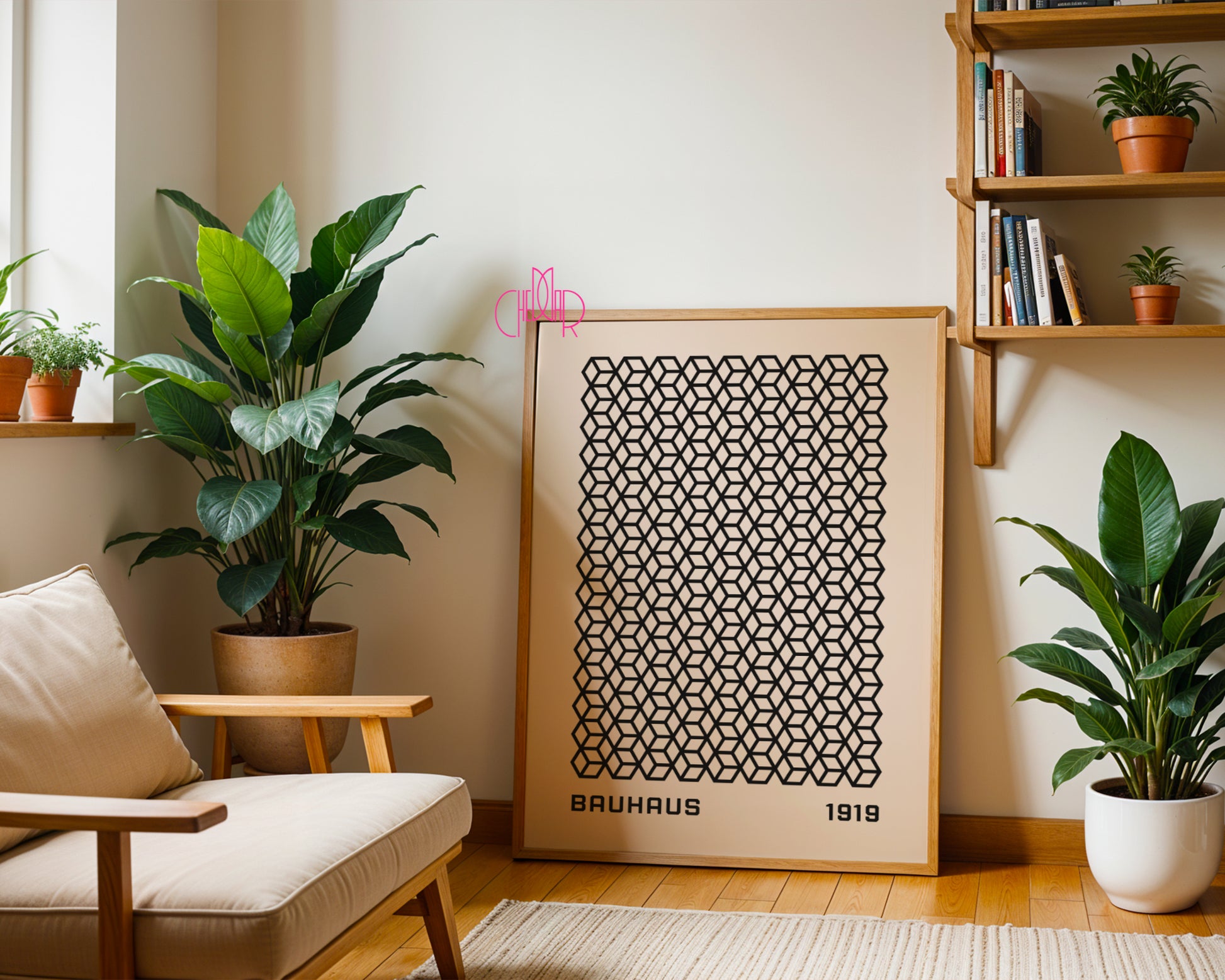 Plakat Bauhaus czarne geometryczne kwadraty na beżowym tle