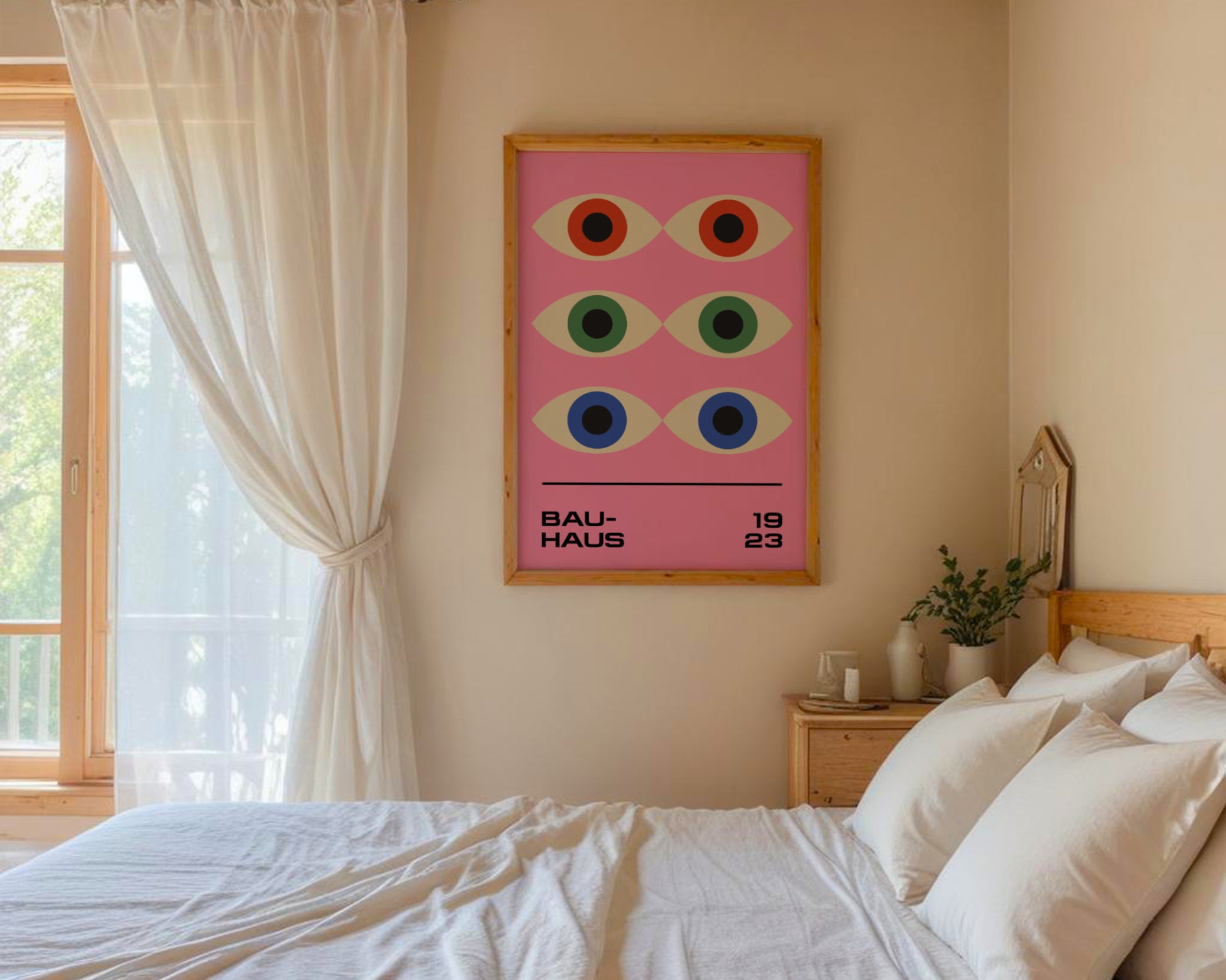 Plakat Bauhaus – Geometryczne kolorowe Oczy Proroka na różowym tle, retro, modernizm.