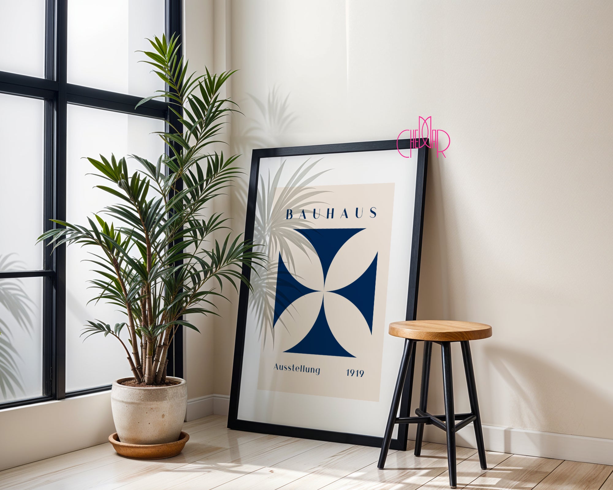 Plakat Bauhaus granatowe półkola na beżowym tle