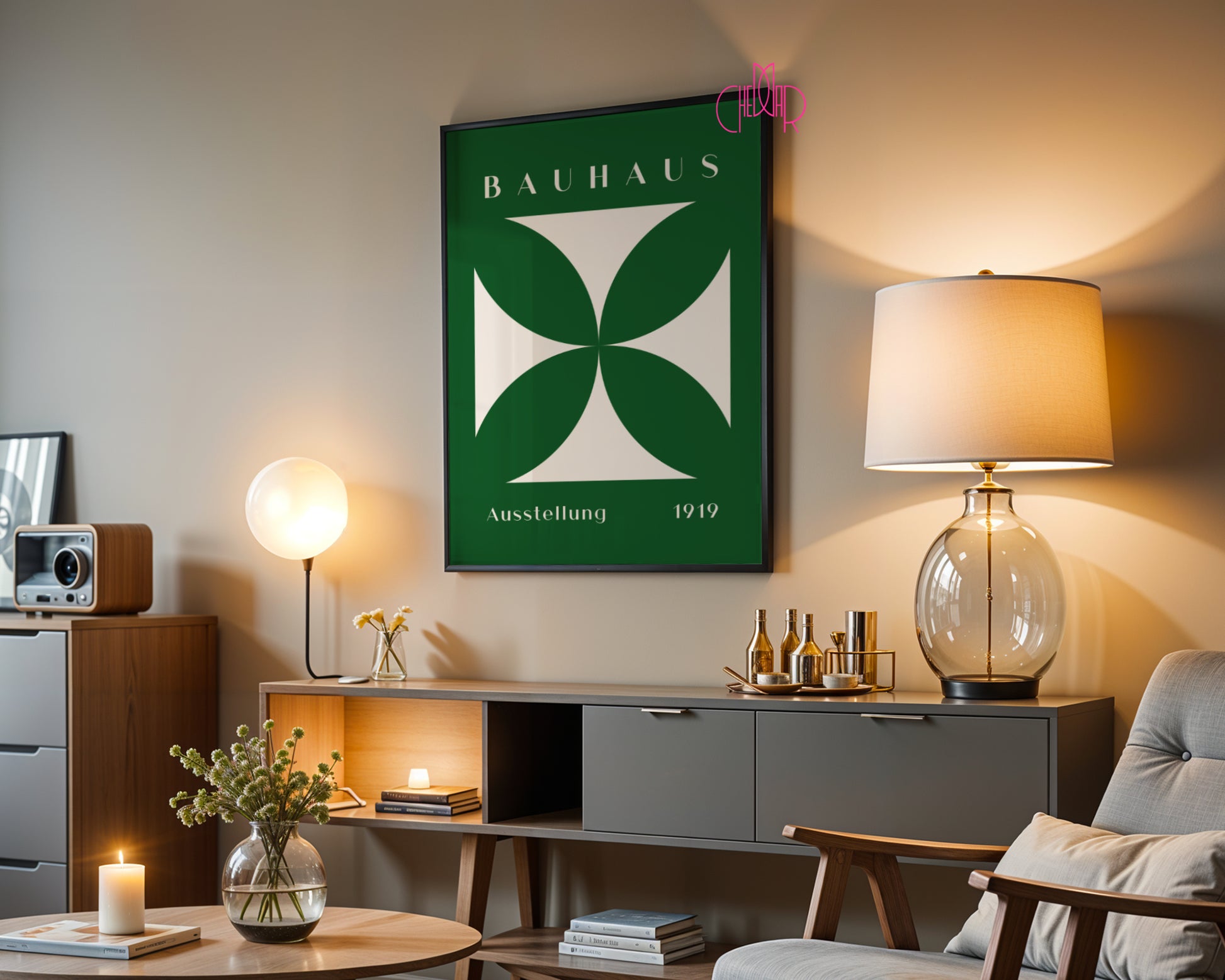 Plakat Bauhaus zielony kwiat w beżowym kwadracie