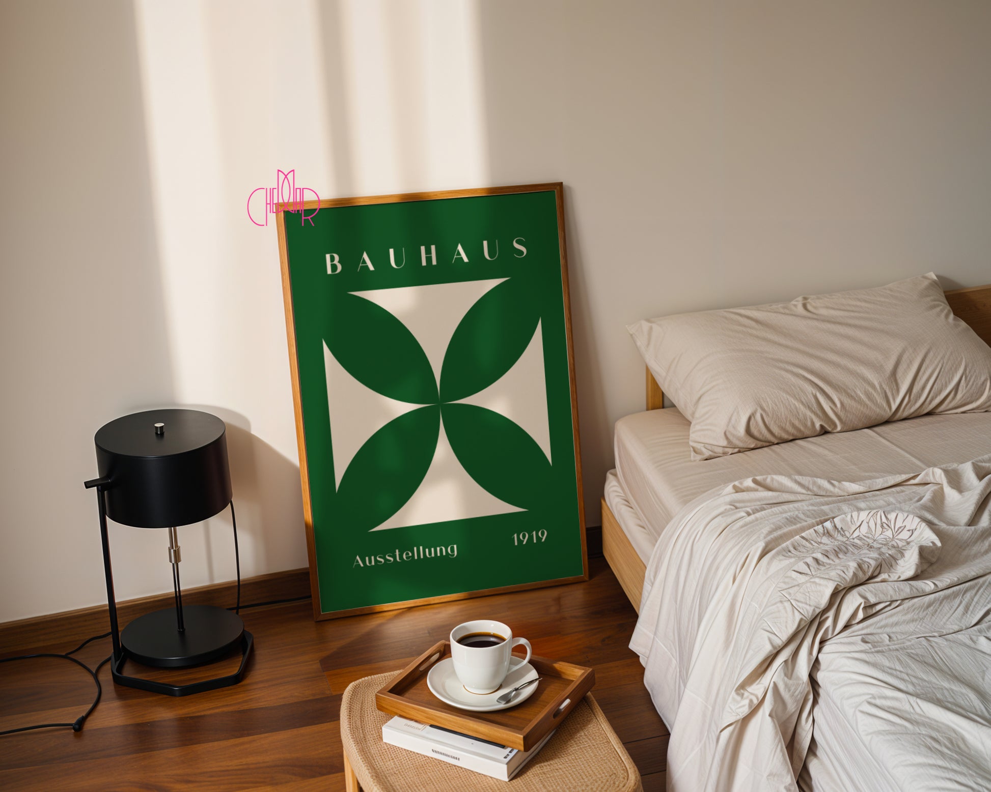 Plakat Bauhaus zielony kwiat w beżowym kwadracie