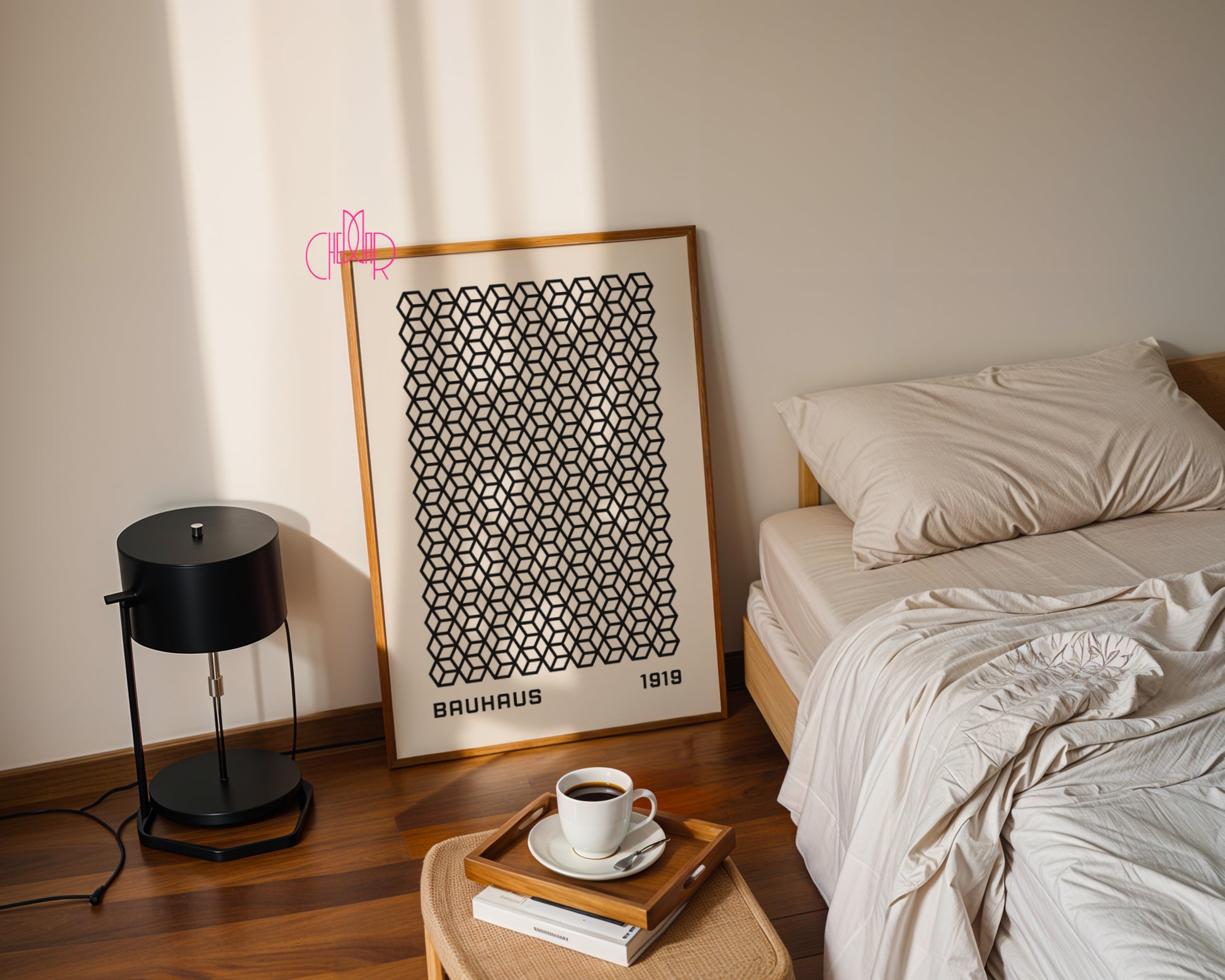 Plakat Bauhaus czarne geometryczne kwadraty na beżowym tle