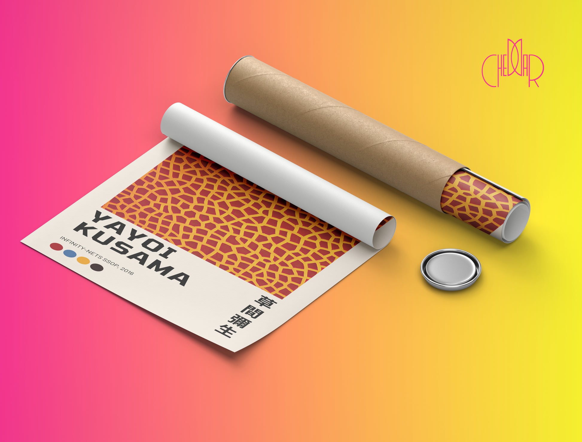 Plakat Yayoi Kusama, Twarz z pomarańczowymi liniami, Żyrafa, 2016