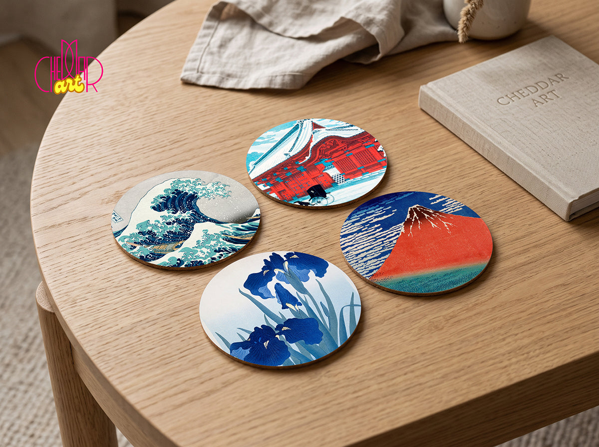 Zestaw Podkładek pod Kubki Japanese Landscapes — 4 Różne Wzory Ukiyo-e (Hokusai) | Cheddar Art