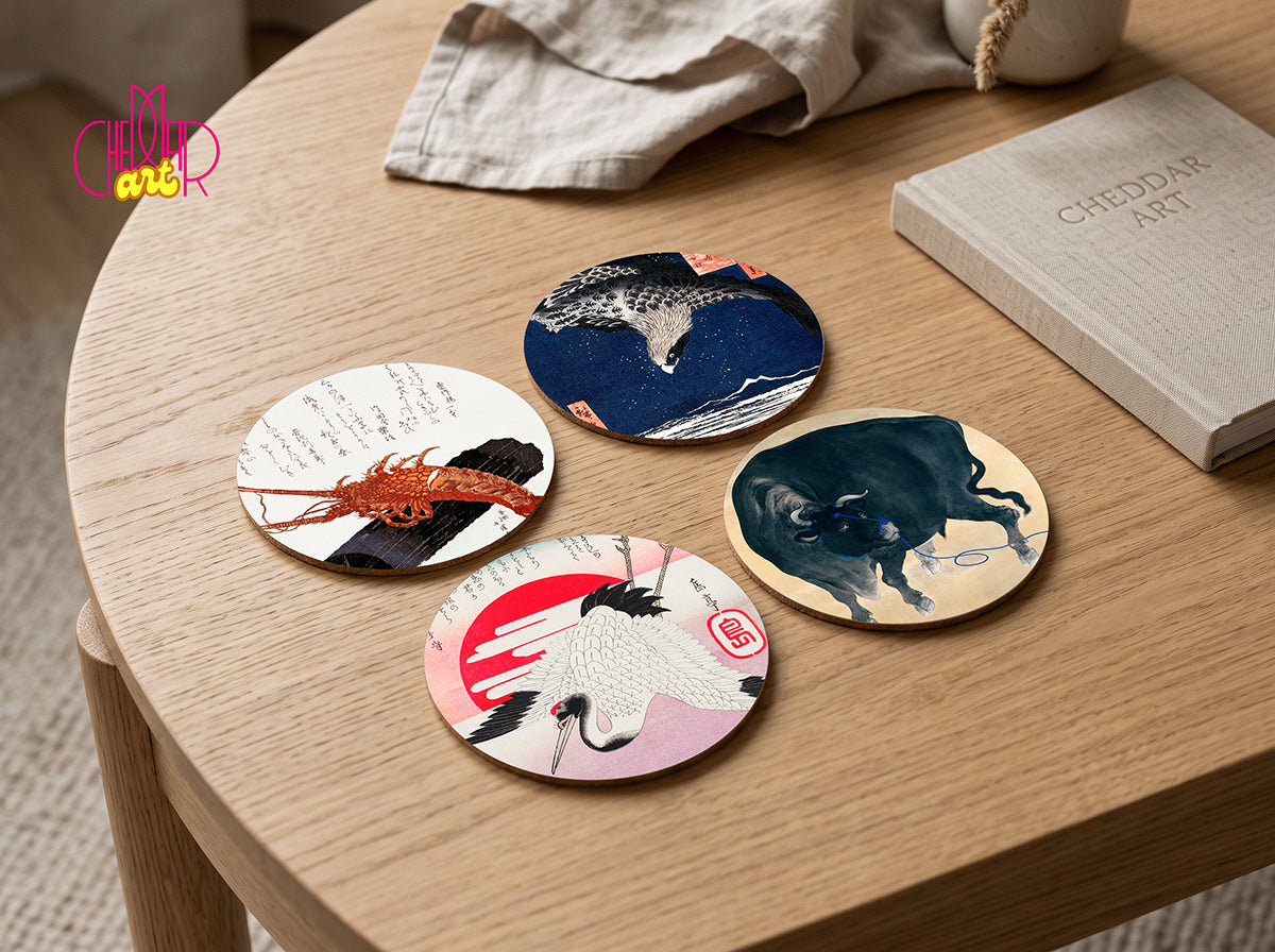 Zestaw Podkładek pod Kubki Japanese Wildlife — 4 Różne Wzory Ukiyo-e | Cheddar Art