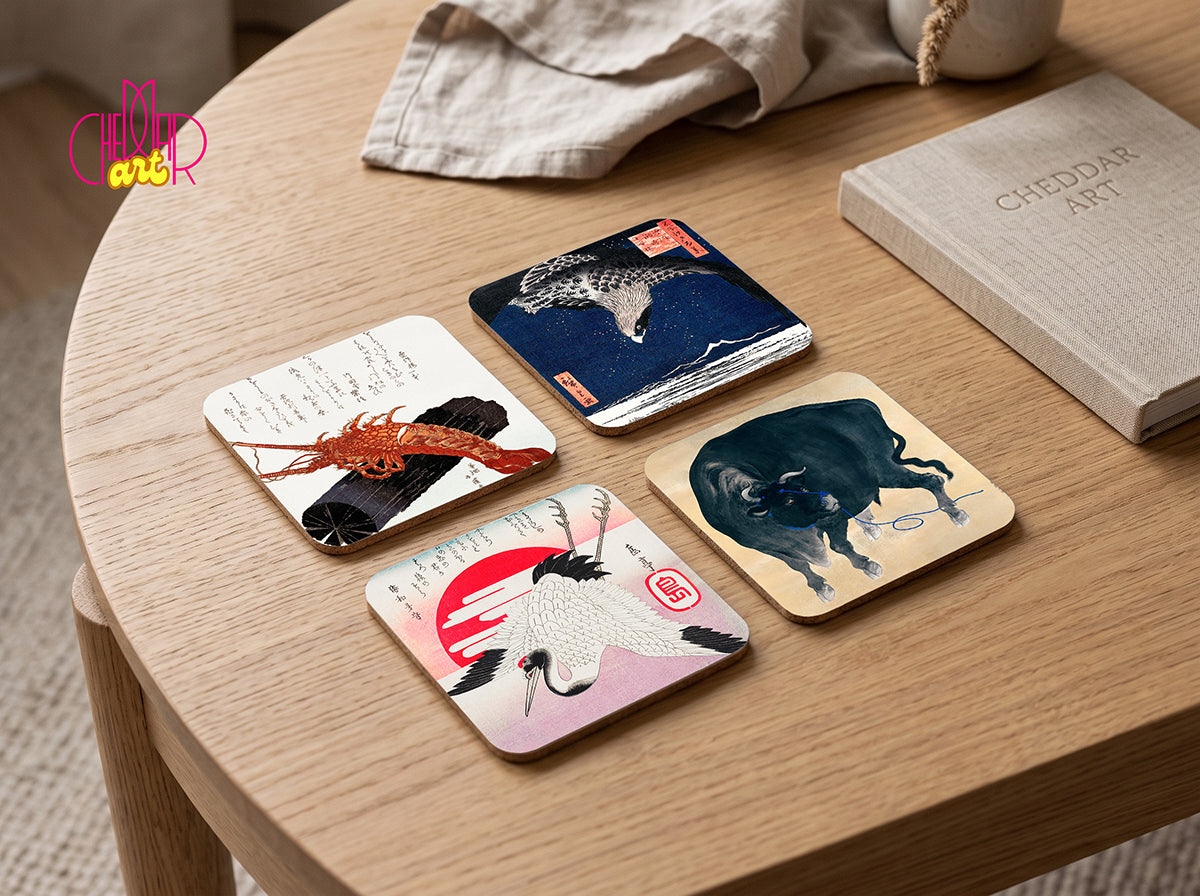 Zestaw Podkładek pod Kubki Japanese Wildlife — 4 Różne Wzory Ukiyo-e | Cheddar Art