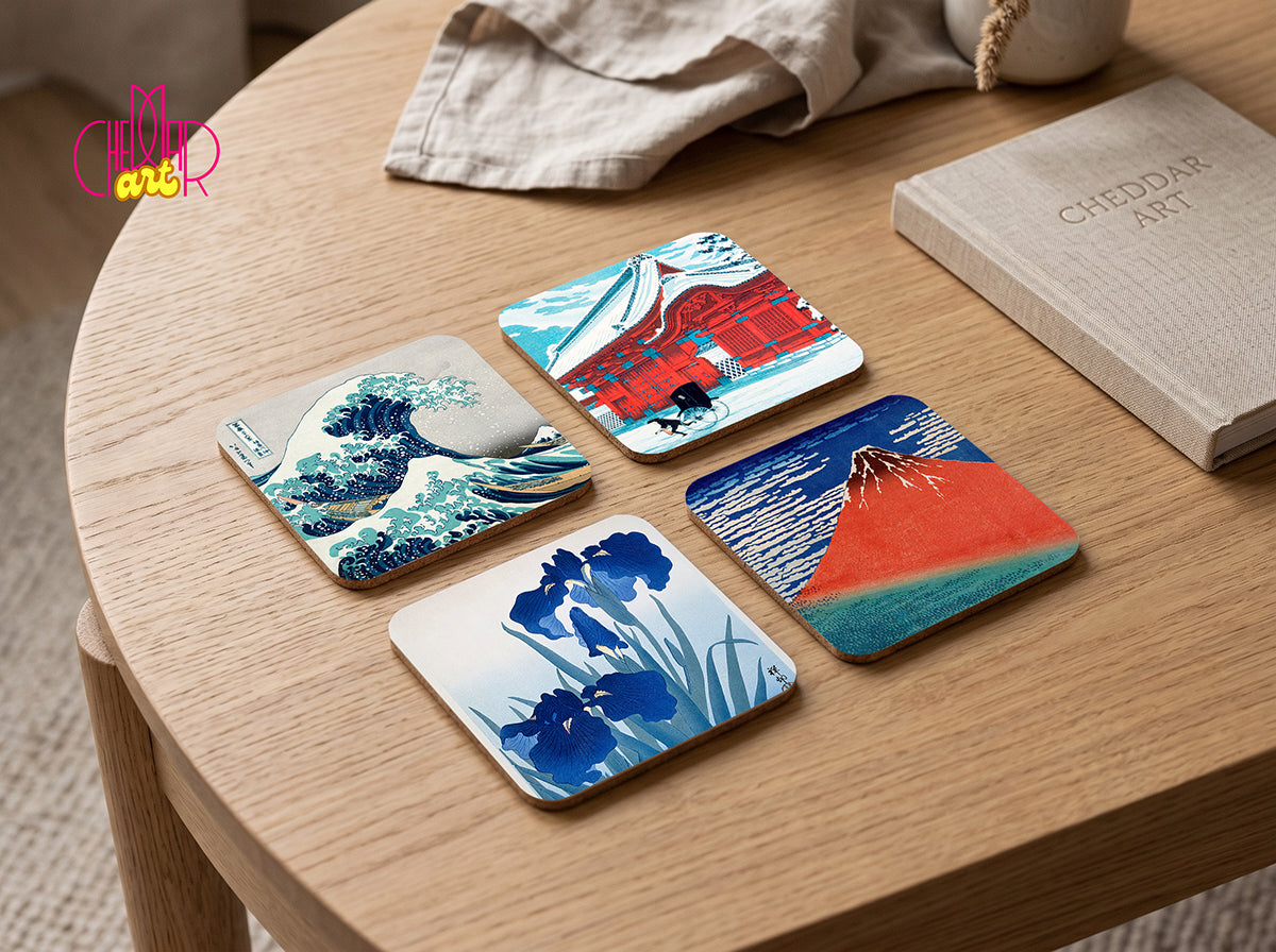 Zestaw Podkładek pod Kubki Japanese Landscapes — 4 Różne Wzory Ukiyo-e (Hokusai) | Cheddar Art