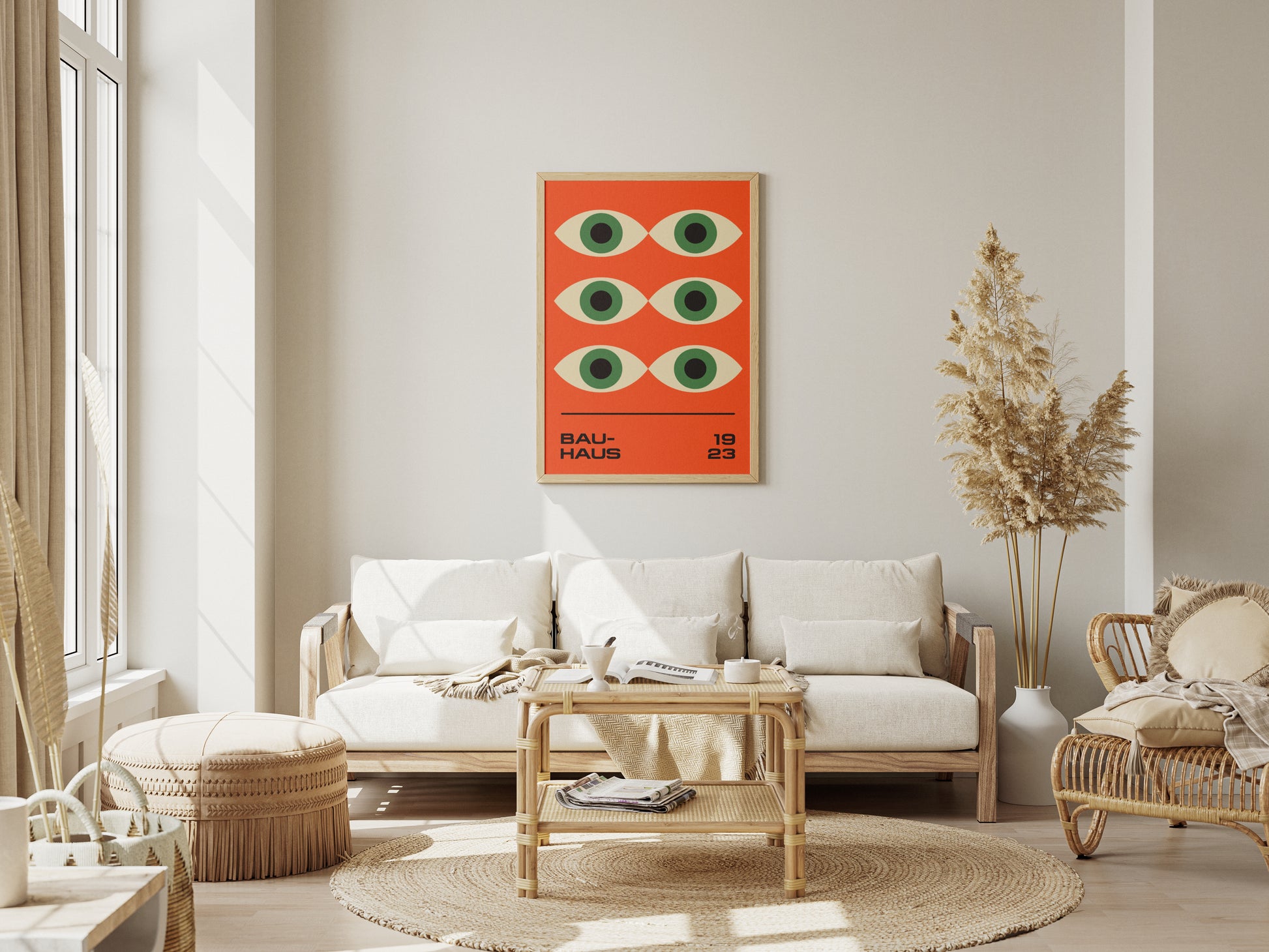 Plakat Bauhaus zielone oczy na pomarańczowym tle, modernizm, retro