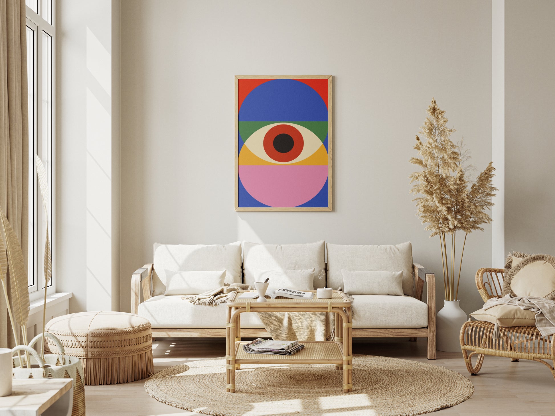 Plakat Bauhaus kolorowe koła na niebiesko-czerwonym tle, sztuka współczensa