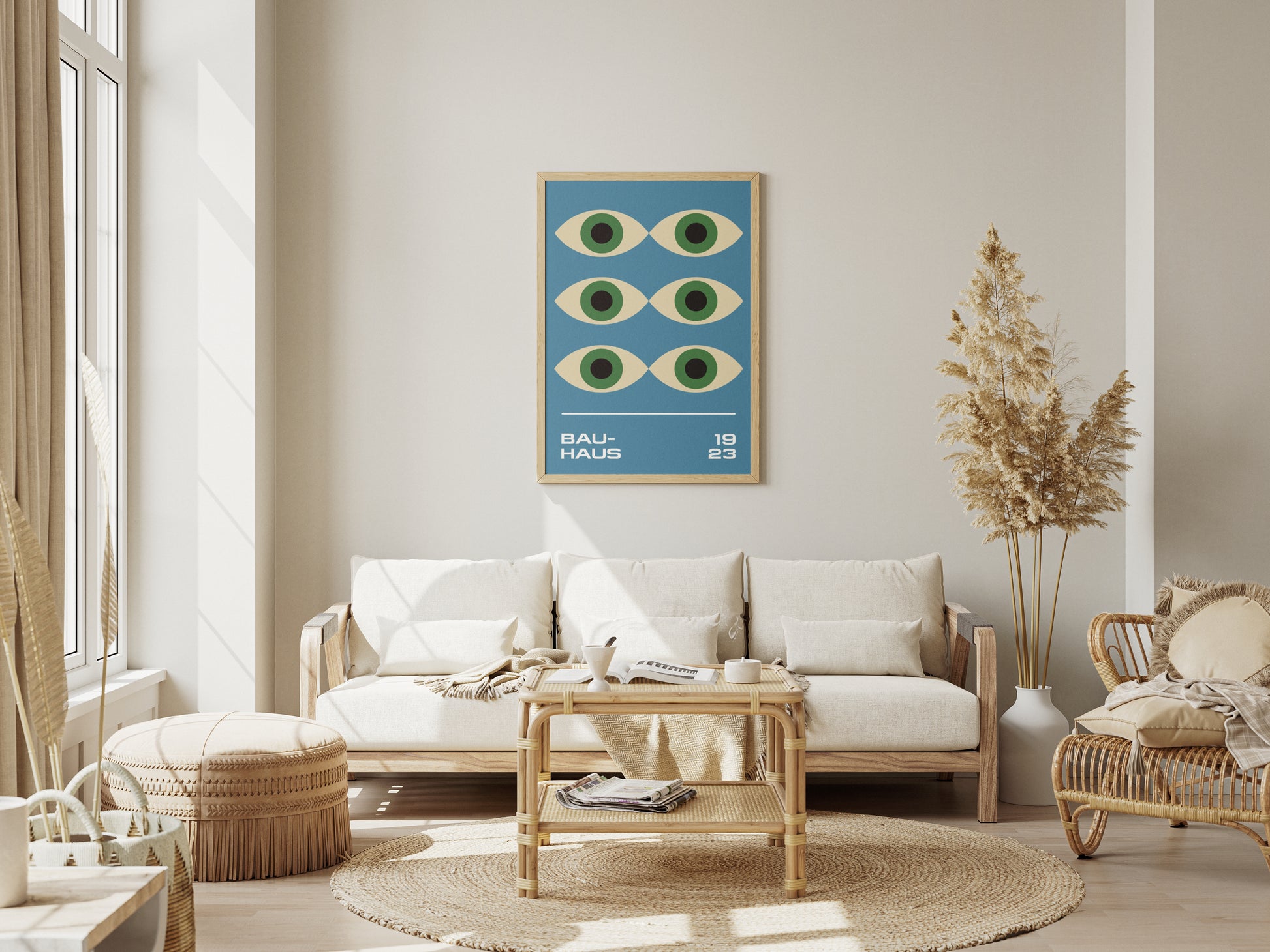 Plakat Bauhaus – geometryczne kolorowe zielone "Oczy Proroka" na niebieskim tle, retro, modernizm