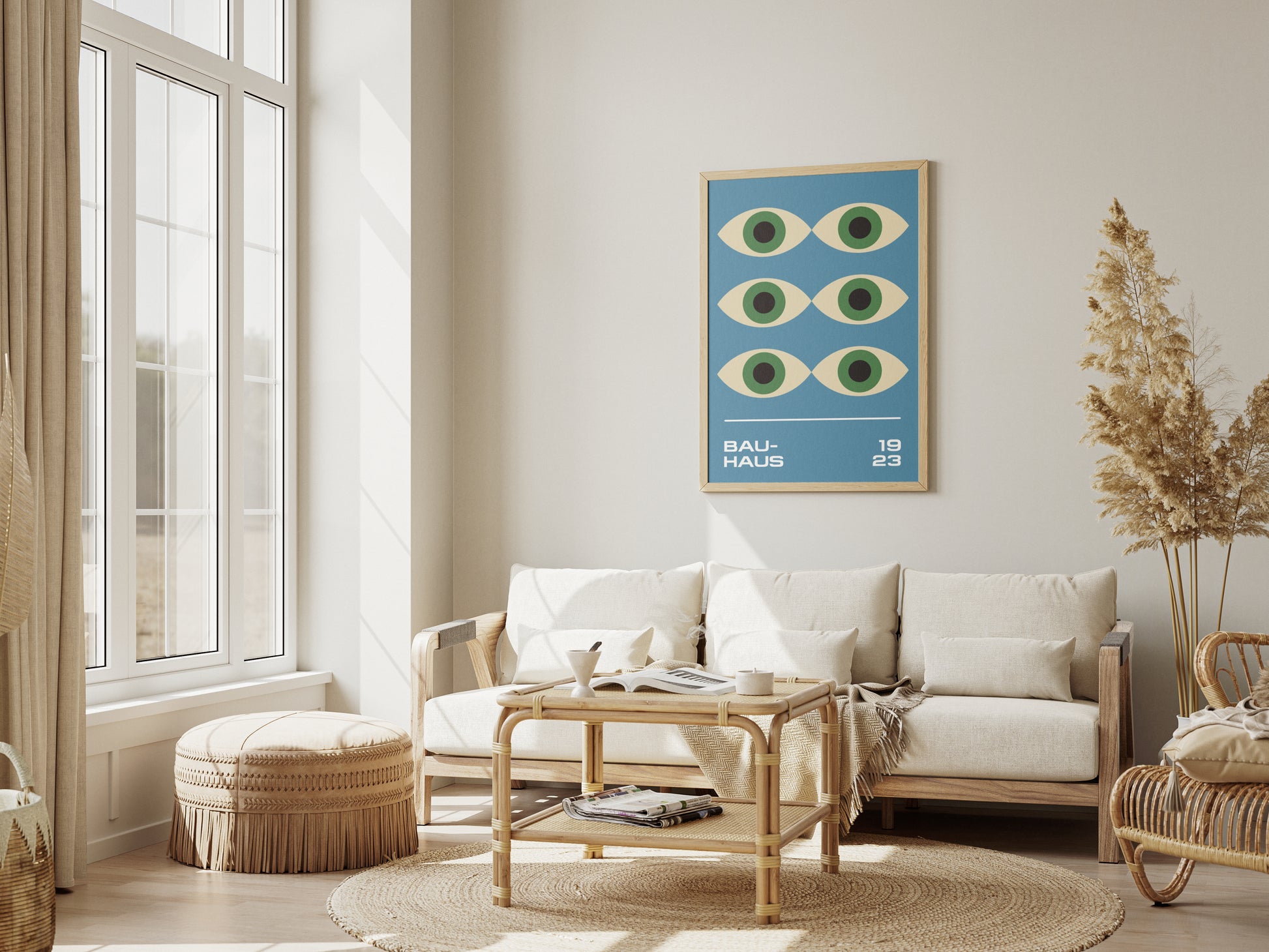 Plakat Bauhaus – geometryczne kolorowe zielone "Oczy Proroka" na niebieskim tle, retro, modernizm