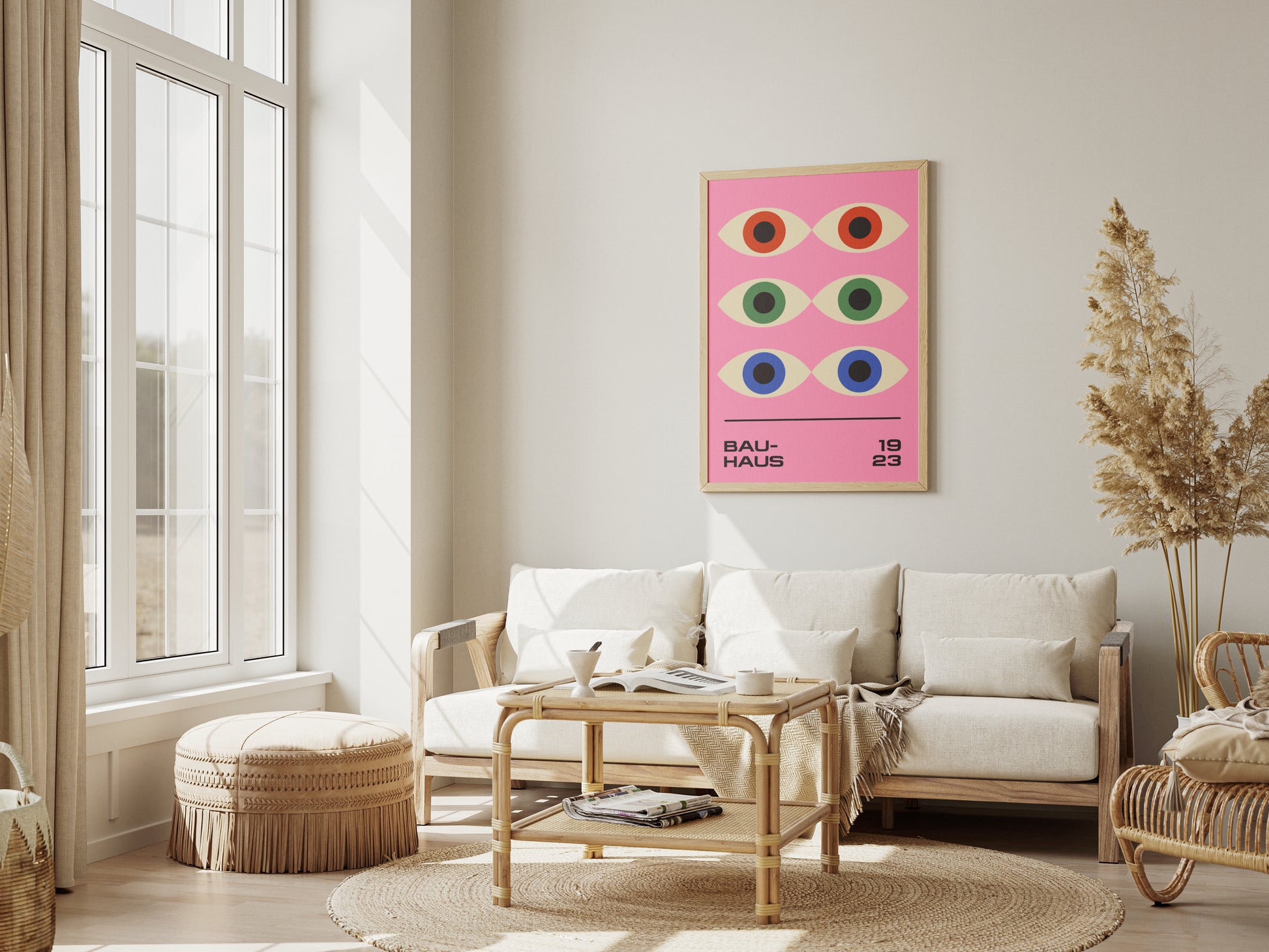 Plakat Bauhaus – Geometryczne kolorowe Oczy Proroka na różowym tle, retro, modernizm.