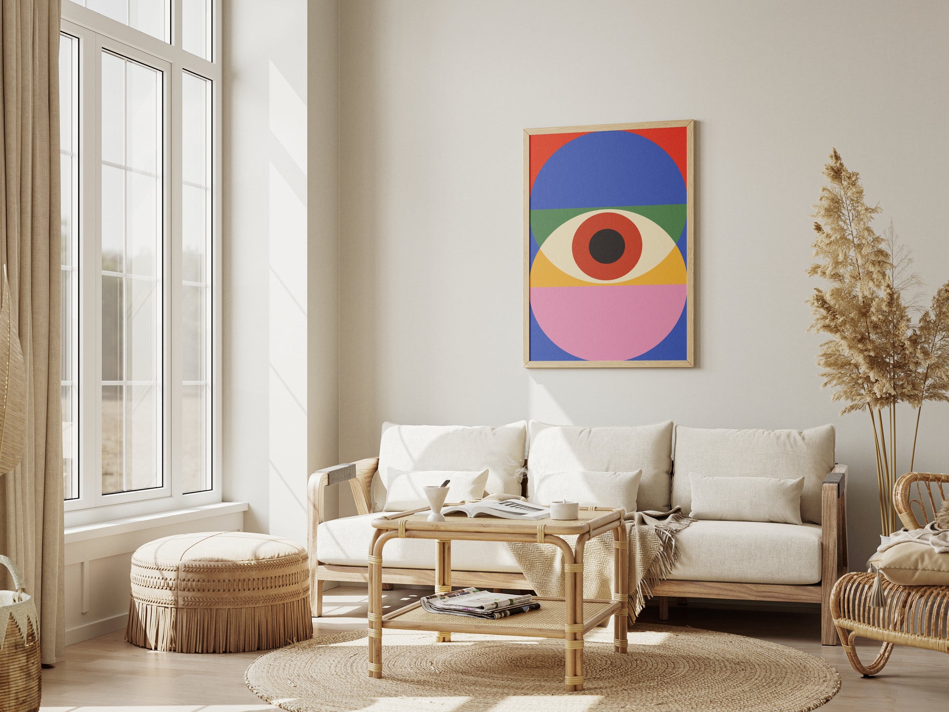 Plakat Bauhaus kolorowe koła na niebiesko-czerwonym tle, sztuka współczensa