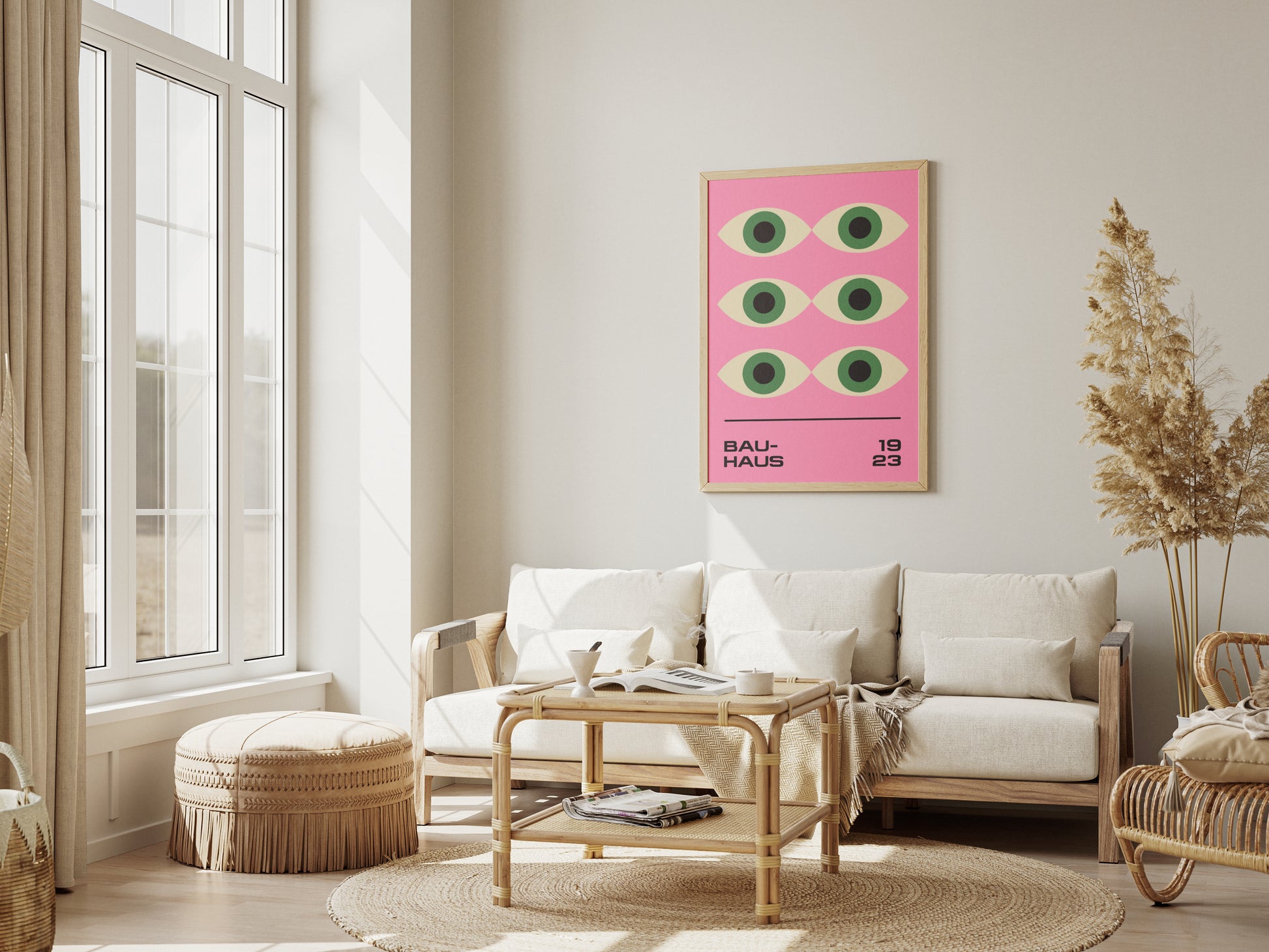 Plakat Bauhaus – Geometryczne zielone oczy na różowym tle, retro