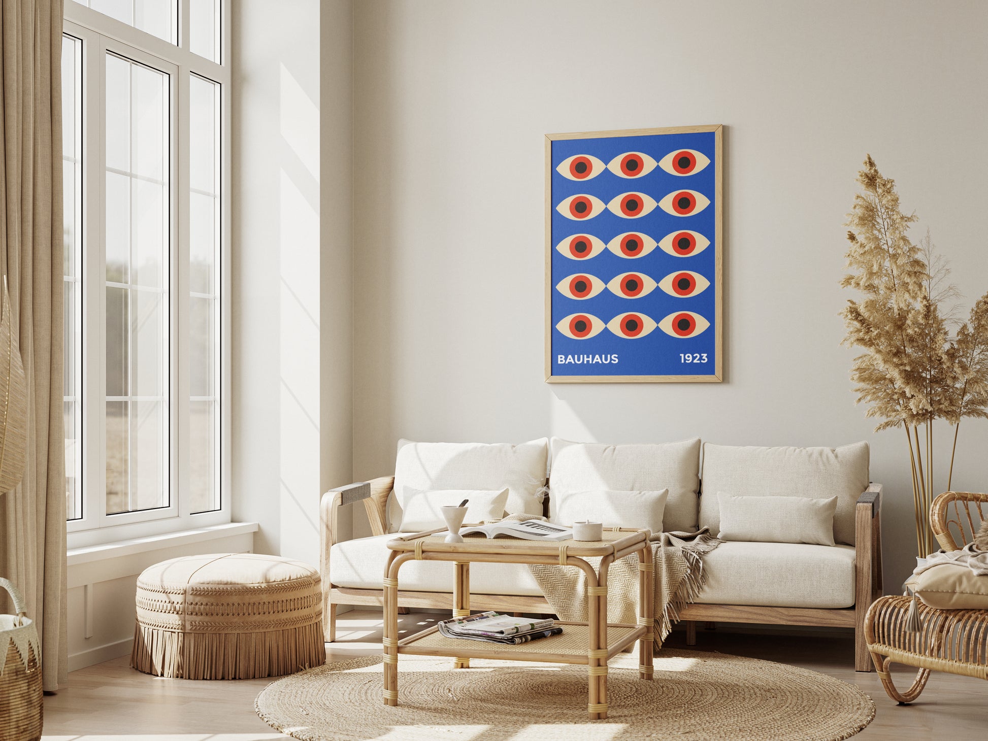 Plakat Bauhaus czerwone "Oczy Proroka" na granatowym tle, modernizm