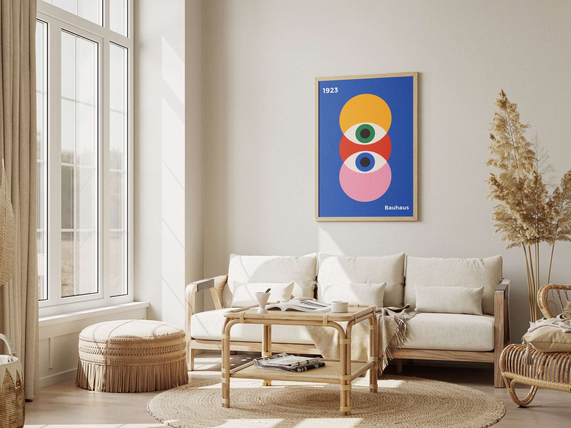 Plakat Bauhaus kolorowe koła na granatowym tle z oczami proroka