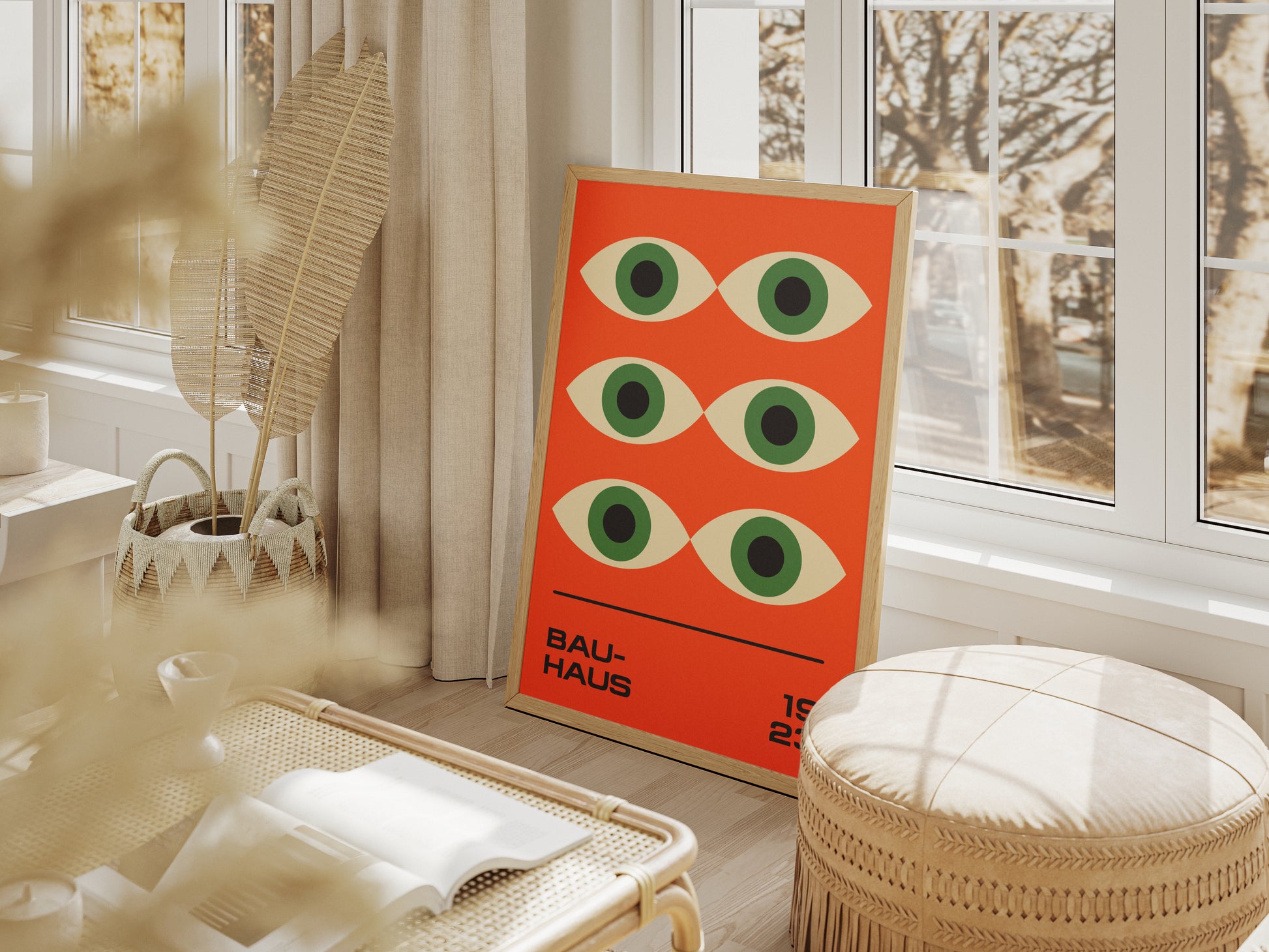 Plakat Bauhaus zielone oczy na pomarańczowym tle, modernizm, retro