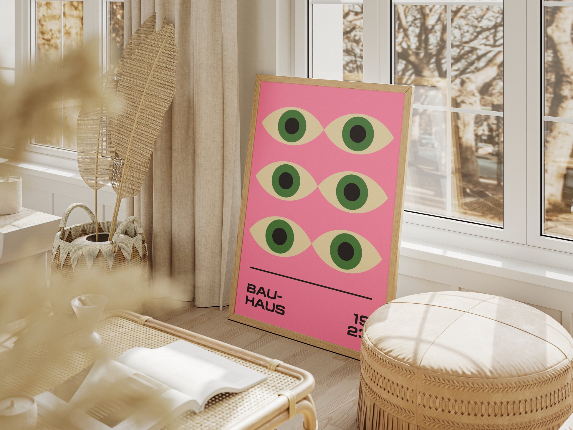 Plakat Bauhaus – Geometryczne zielone oczy na różowym tle, retro