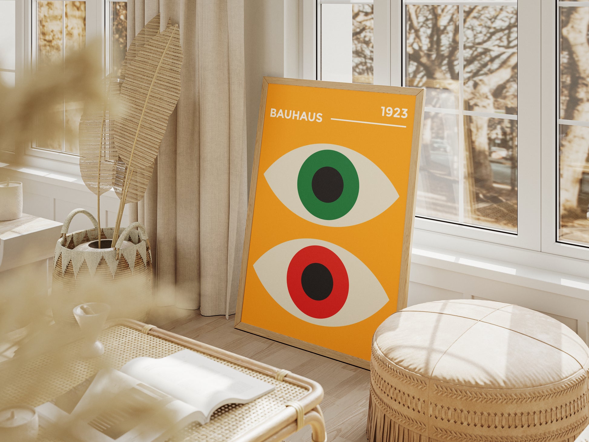 Plakat Bauhaus - zielono-czerwone "Oczy Proroka" na pomaraczowym tle