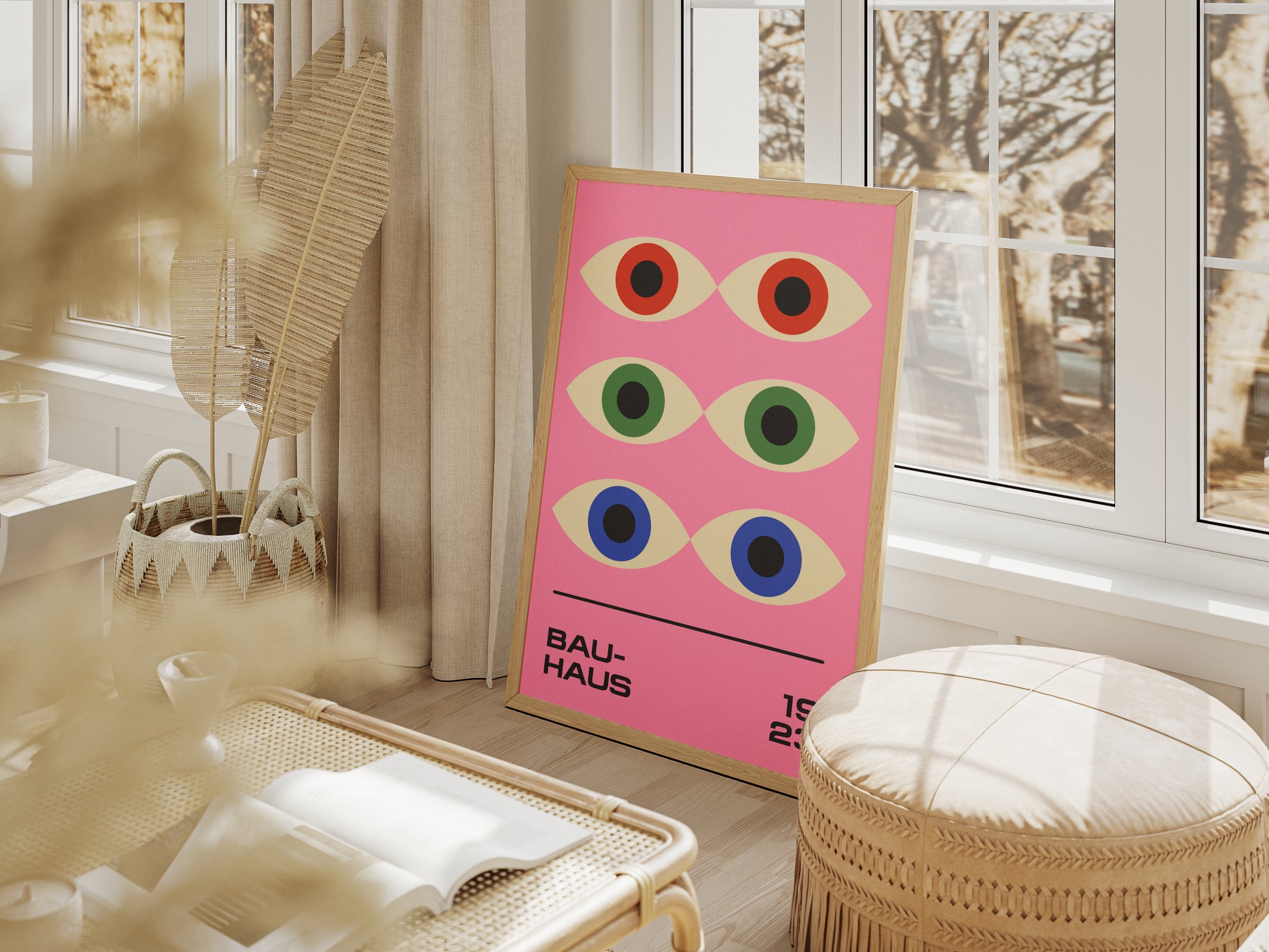 Plakat Bauhaus – Geometryczne kolorowe Oczy Proroka na różowym tle, retro, modernizm.