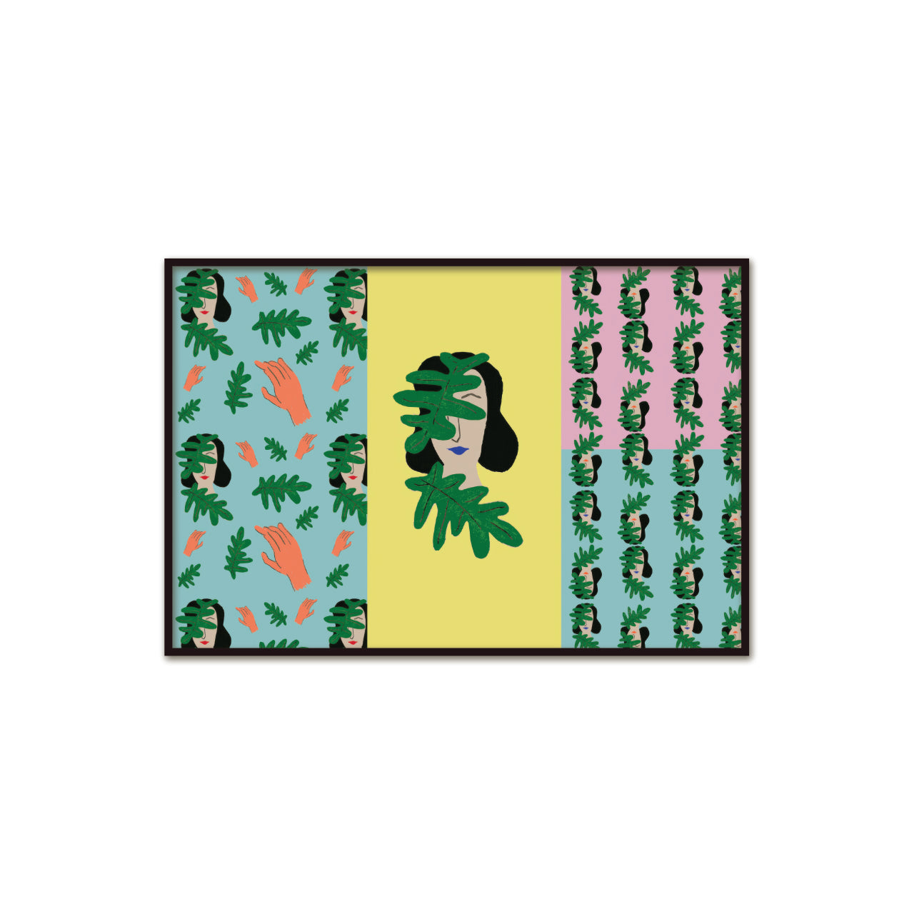 Plakat twarz kobiety w liściach w stylu boho.