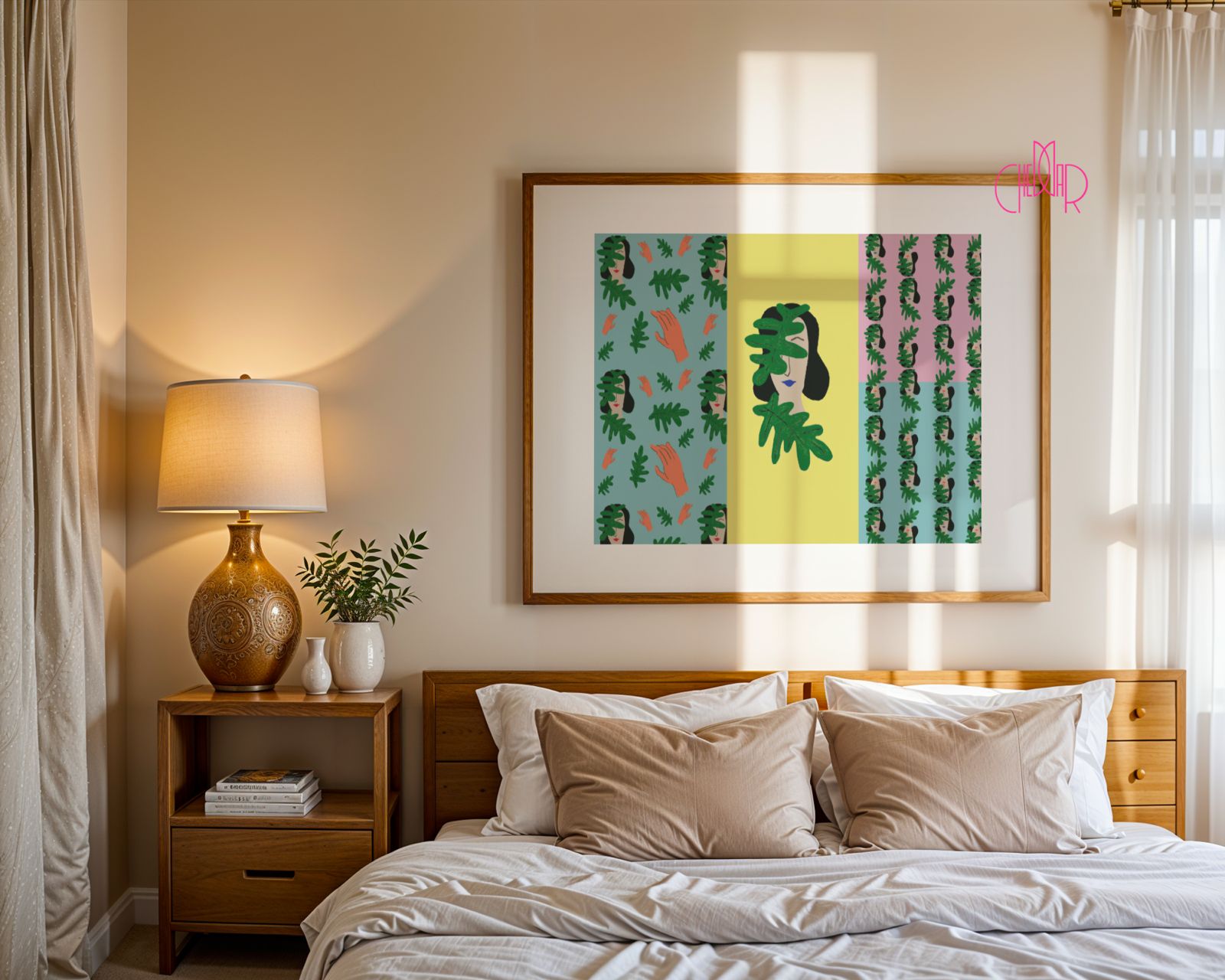 Plakat twarz kobiety w liściach w stylu boho.