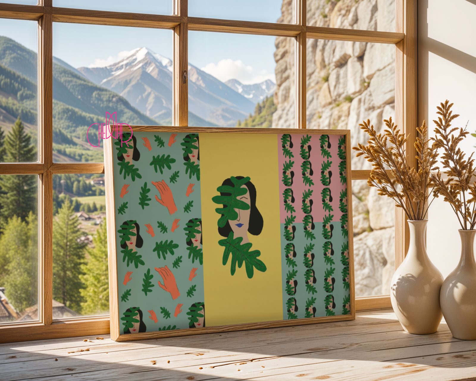 Plakat twarz kobiety w liściach w stylu boho.