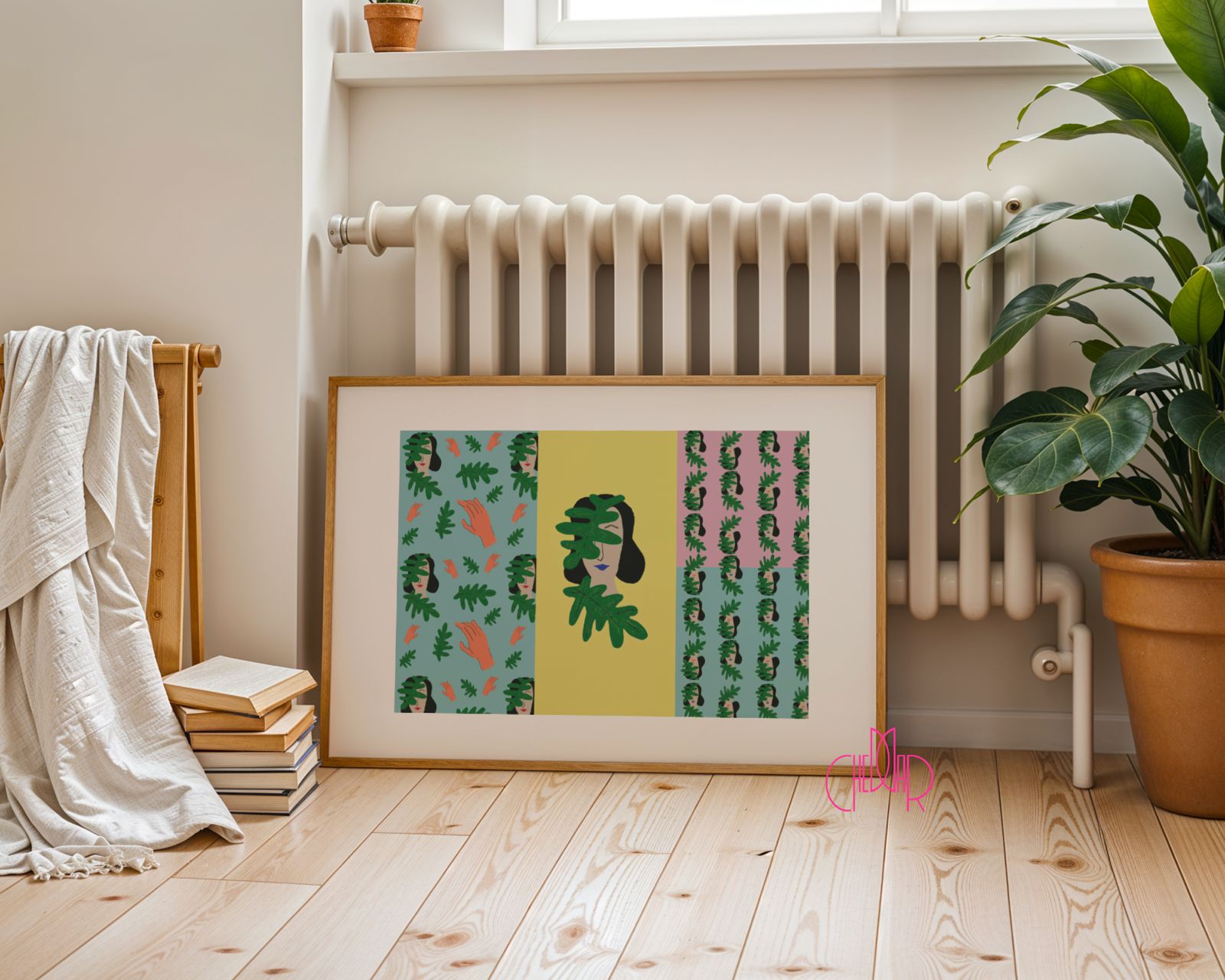 Plakat twarz kobiety w liściach w stylu boho.