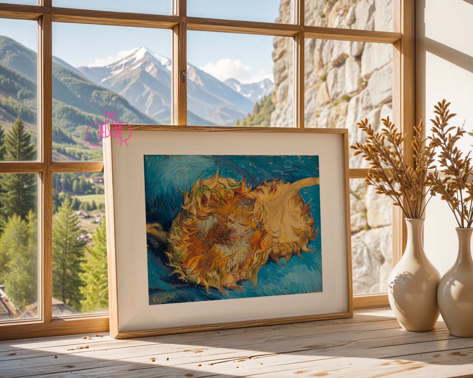 Plakat Vincent Van Gogh- słonecznik na niebieskim tle, vintage