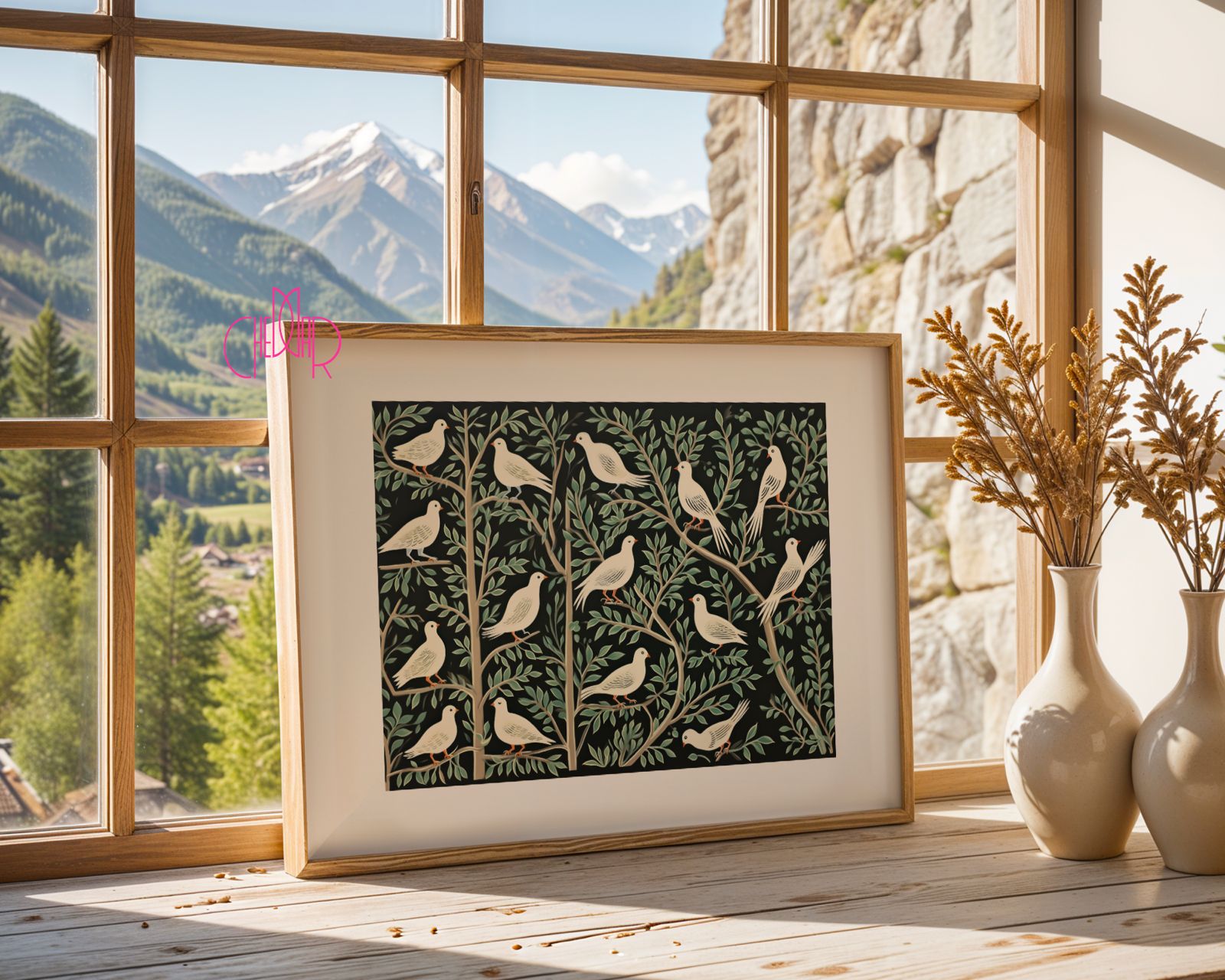 Plakat Voysey "The Birds" Grafika Ptaki Liście Vintage