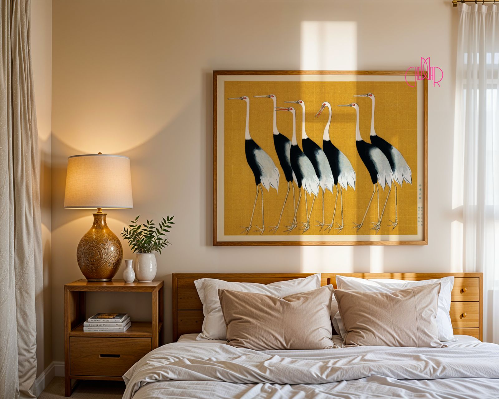 Plakat Żurawie na żółtym tle, sztuka japońska, vintage, poziomy