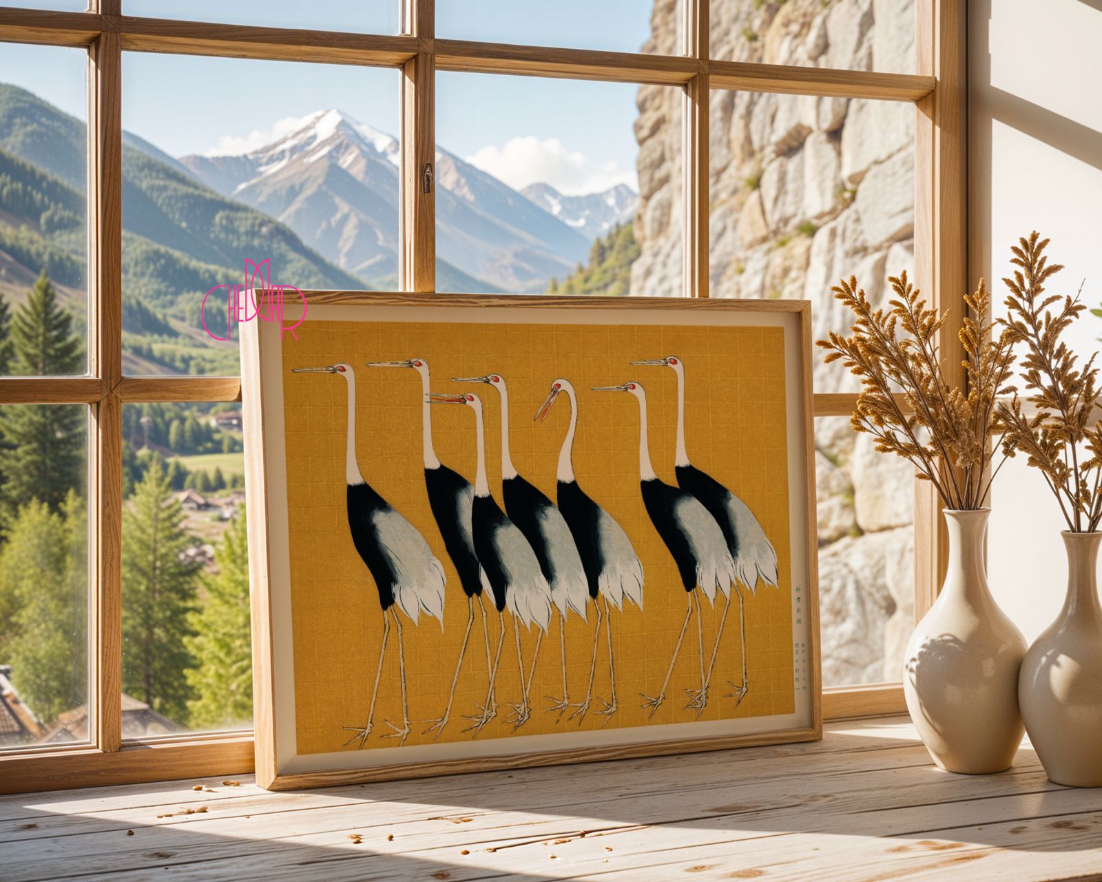 Plakat Żurawie na żółtym tle, sztuka japońska, vintage, poziomy