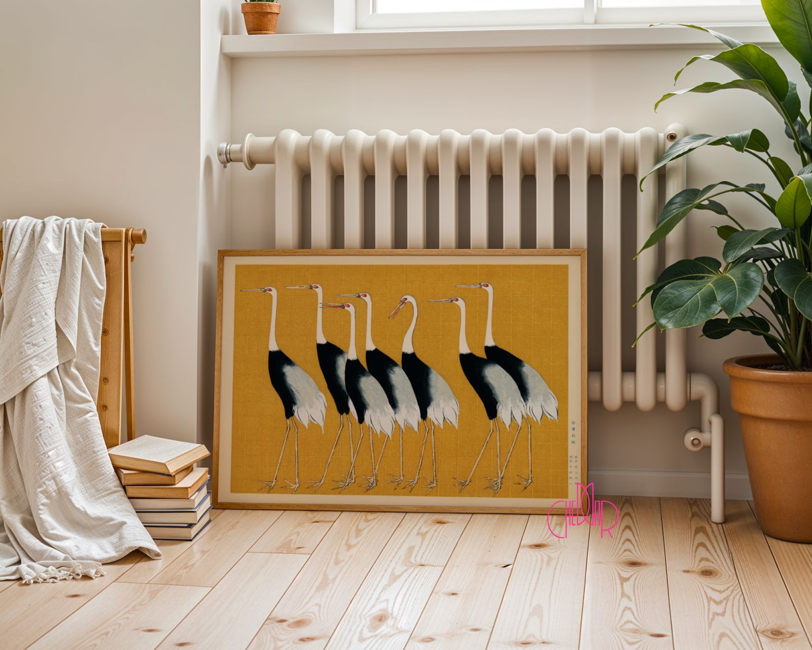 Plakat Żurawie na żółtym tle, sztuka japońska, vintage, poziomy