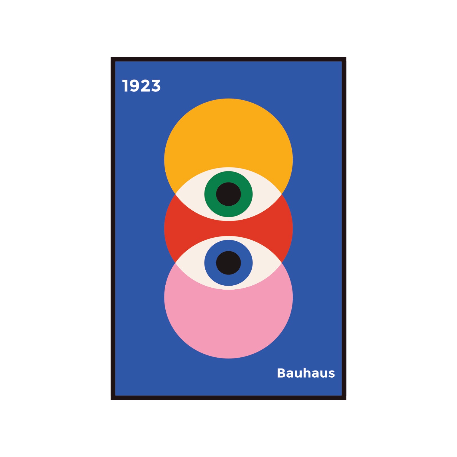 Plakat Bauhaus kolorowe koła na granatowym tle z oczami proroka