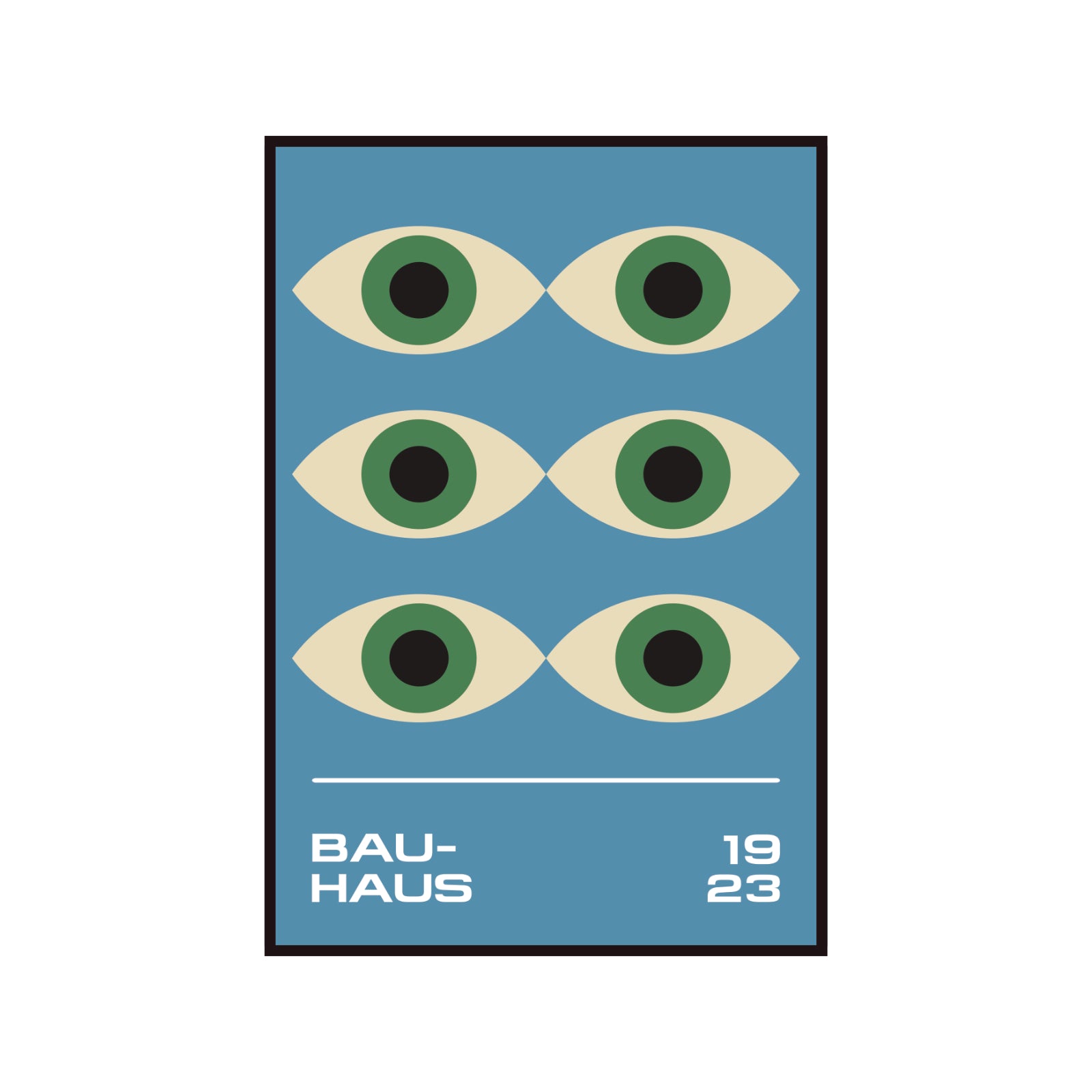 Plakat Bauhaus – geometryczne kolorowe zielone "Oczy Proroka" na niebieskim tle, retro, modernizm