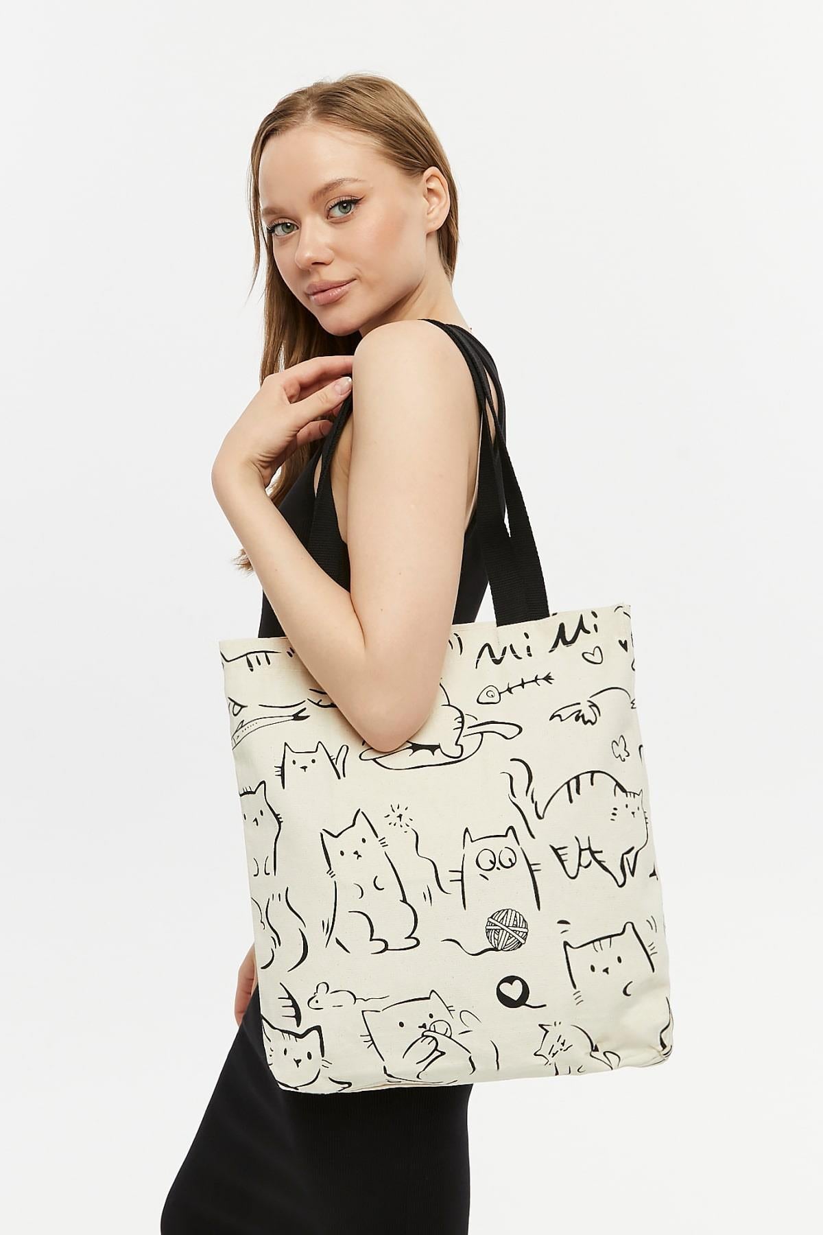 Torba bawełniana na ramię typu shopper z motywem kotów, stylowa, pojemna, na zamek, na co dzień, na zakupy.