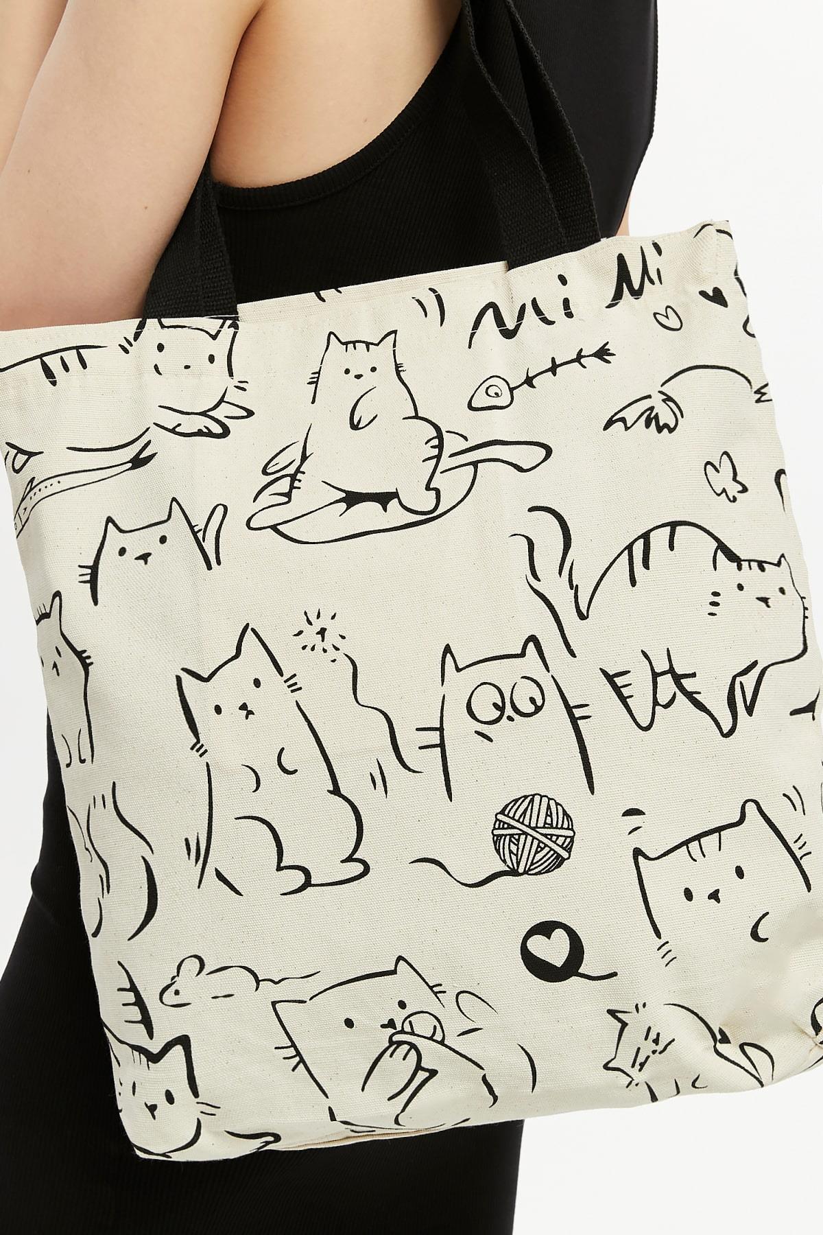 Torba bawełniana na ramię typu shopper z motywem kotów, stylowa, pojemna, na zamek, na co dzień, na zakupy.