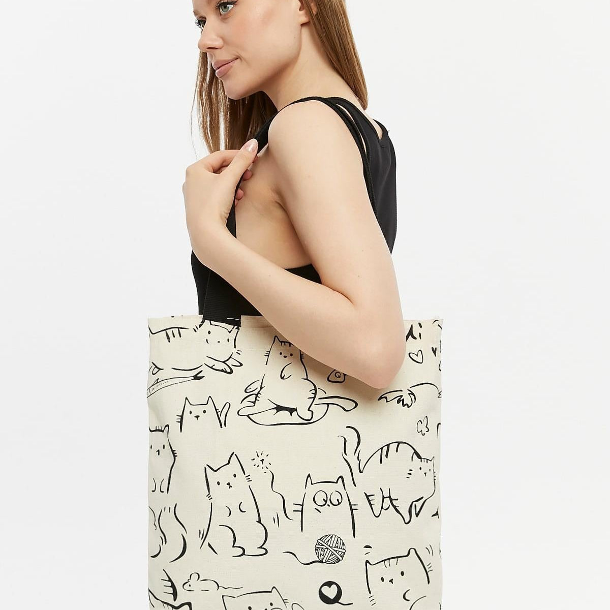 Torba bawełniana na ramię typu shopper z motywem kotów, stylowa, pojemna, na zamek, na co dzień, na zakupy.