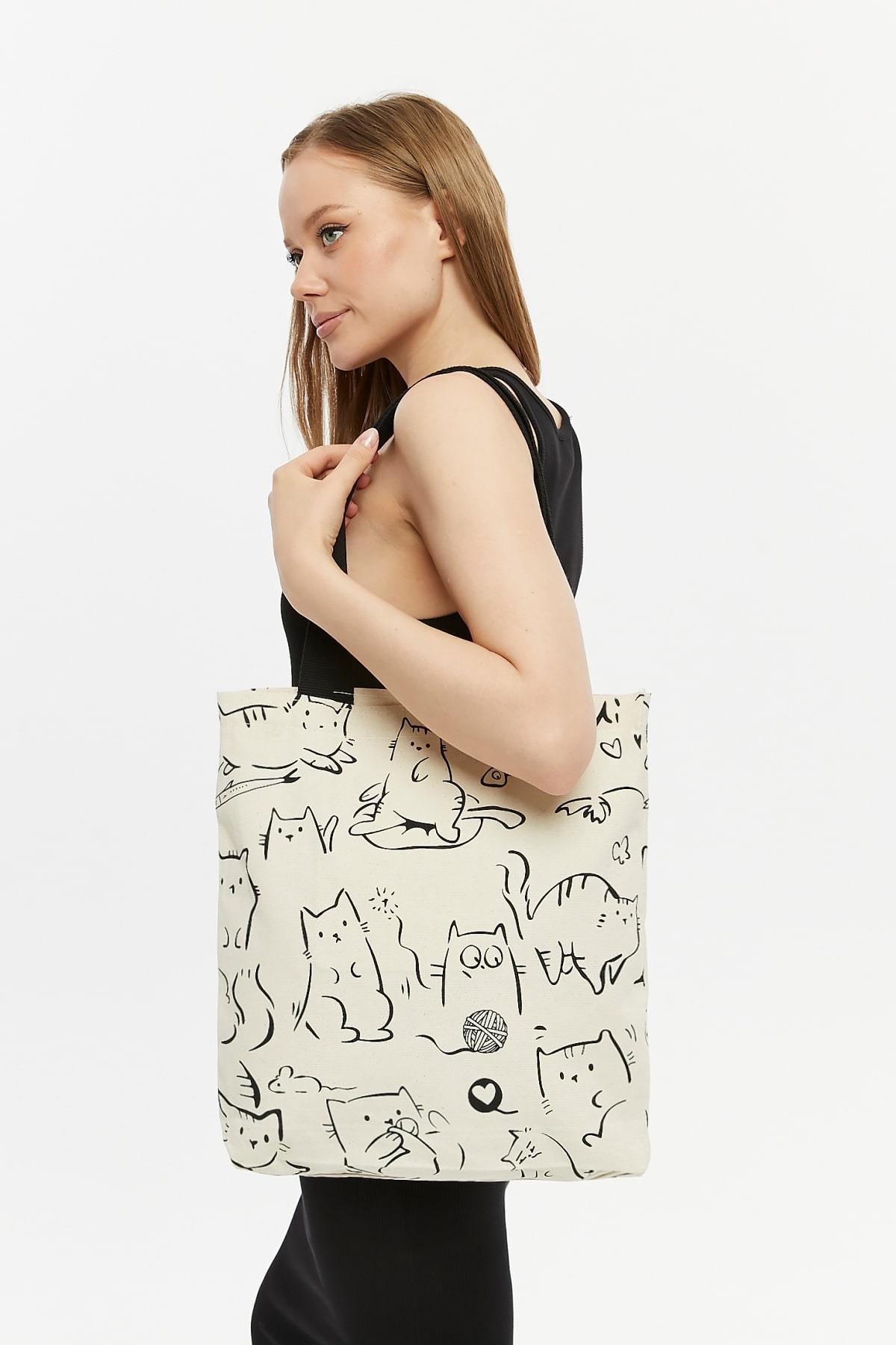 Torba bawełniana na ramię typu shopper z motywem kotów, stylowa, pojemna, na zamek, na co dzień, na zakupy.