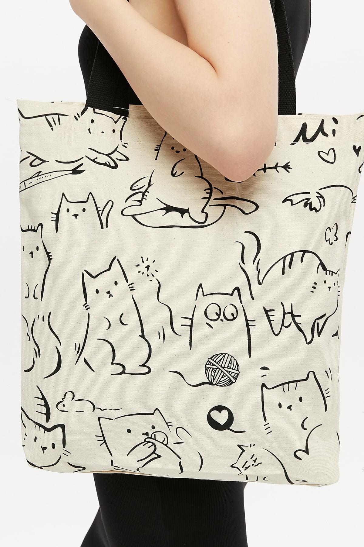 Torba bawełniana na ramię typu shopper z motywem kotów, stylowa, pojemna, na zamek, na co dzień, na zakupy.