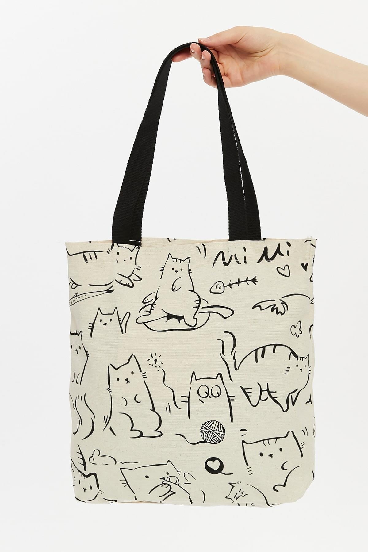 Torba bawełniana na ramię typu shopper z motywem kotów, stylowa, pojemna, na zamek, na co dzień, na zakupy.