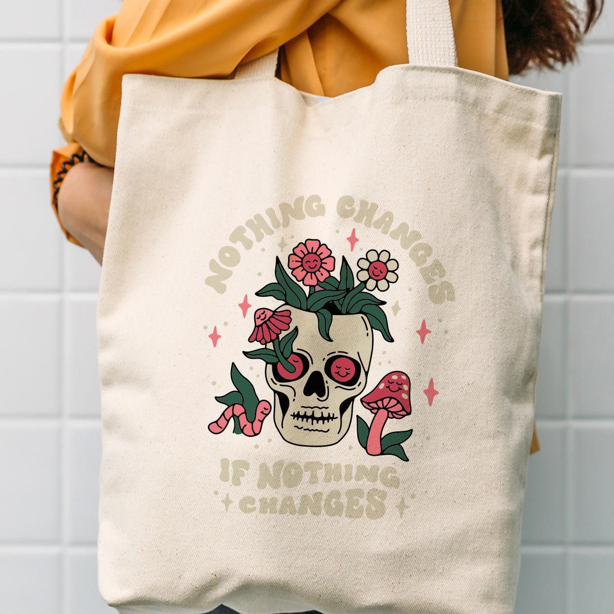 Torba bawełniana na ramię typu shopper, stylowa, artystyczna, pojemna, nic się nie zmienia jeśli nic się nie zmieni.