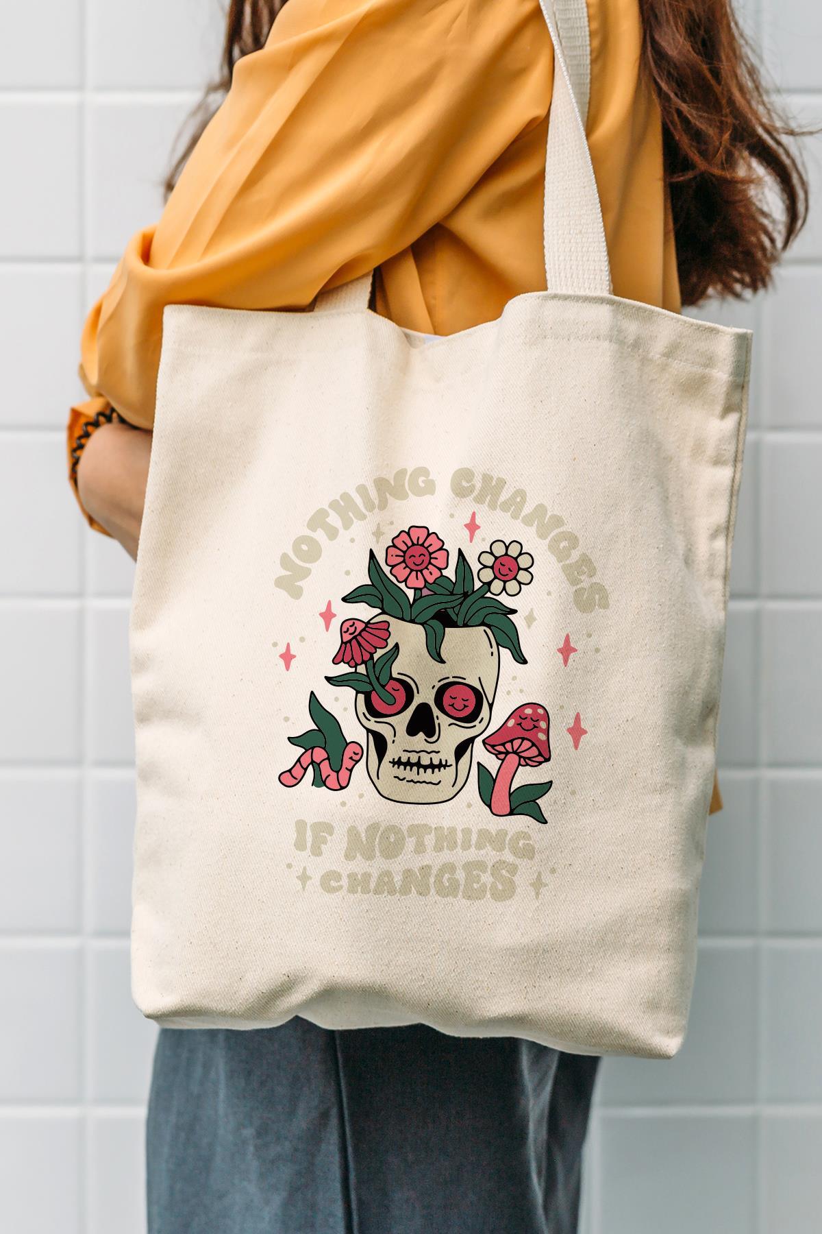 Torba bawełniana na ramię typu shopper, stylowa, artystyczna, pojemna, nic się nie zmienia jeśli nic się nie zmieni.