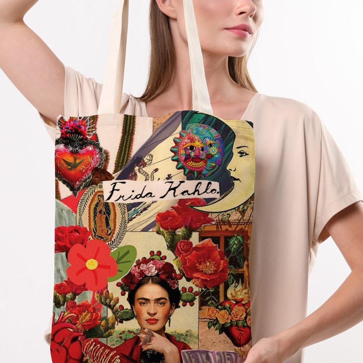 Torba bawełniana na ramię typu shopper Frida Khalo, stylowa, pojemna, na zakupy, na co dzień.