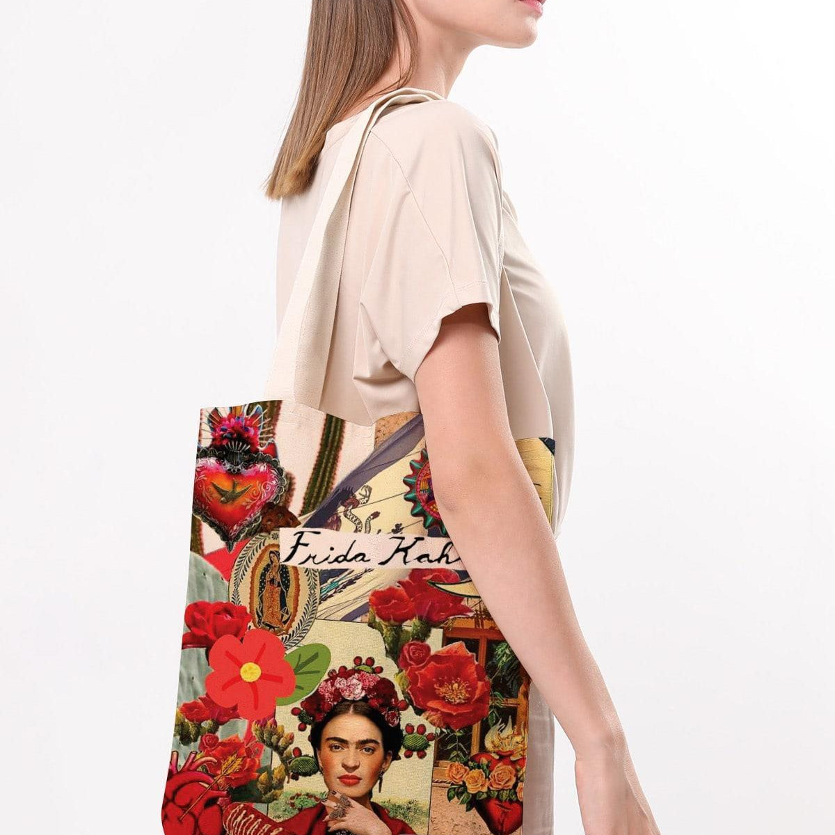 Torba bawełniana na ramię typu shopper Frida Khalo, stylowa, pojemna, na zakupy, na co dzień.