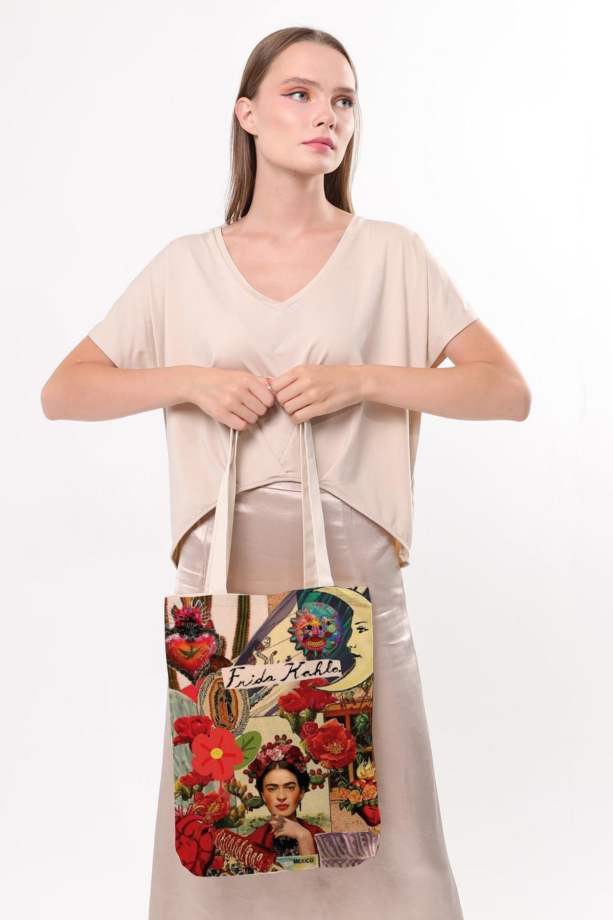 Torba bawełniana na ramię typu shopper Frida Khalo, stylowa, pojemna, na zakupy, na co dzień.