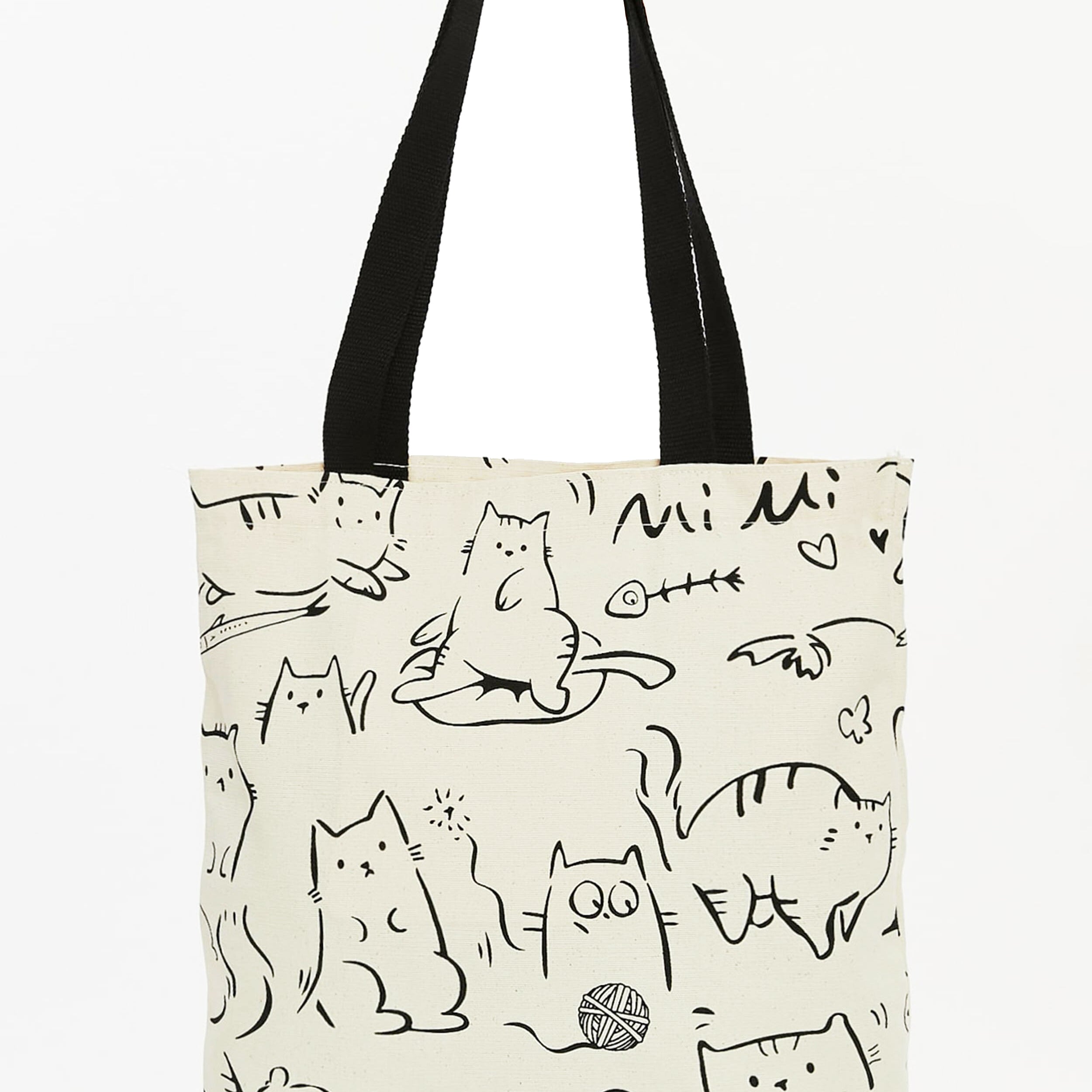 Torba bawełniana na ramię typu shopper z motywem kotów, stylowa, pojemna, na zamek, na co dzień, na zakupy.