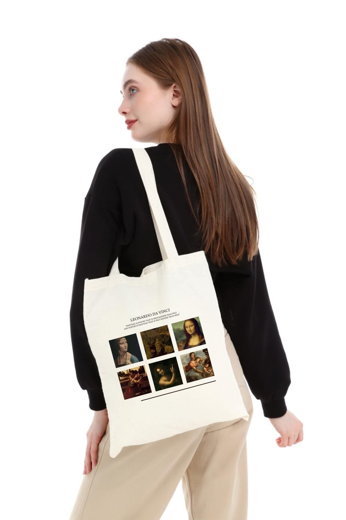 Torba Bawełniana na ramię typu Shopper, stylowa, pojemna Leonardo Da Vinci, na zakupy, na co dzień.